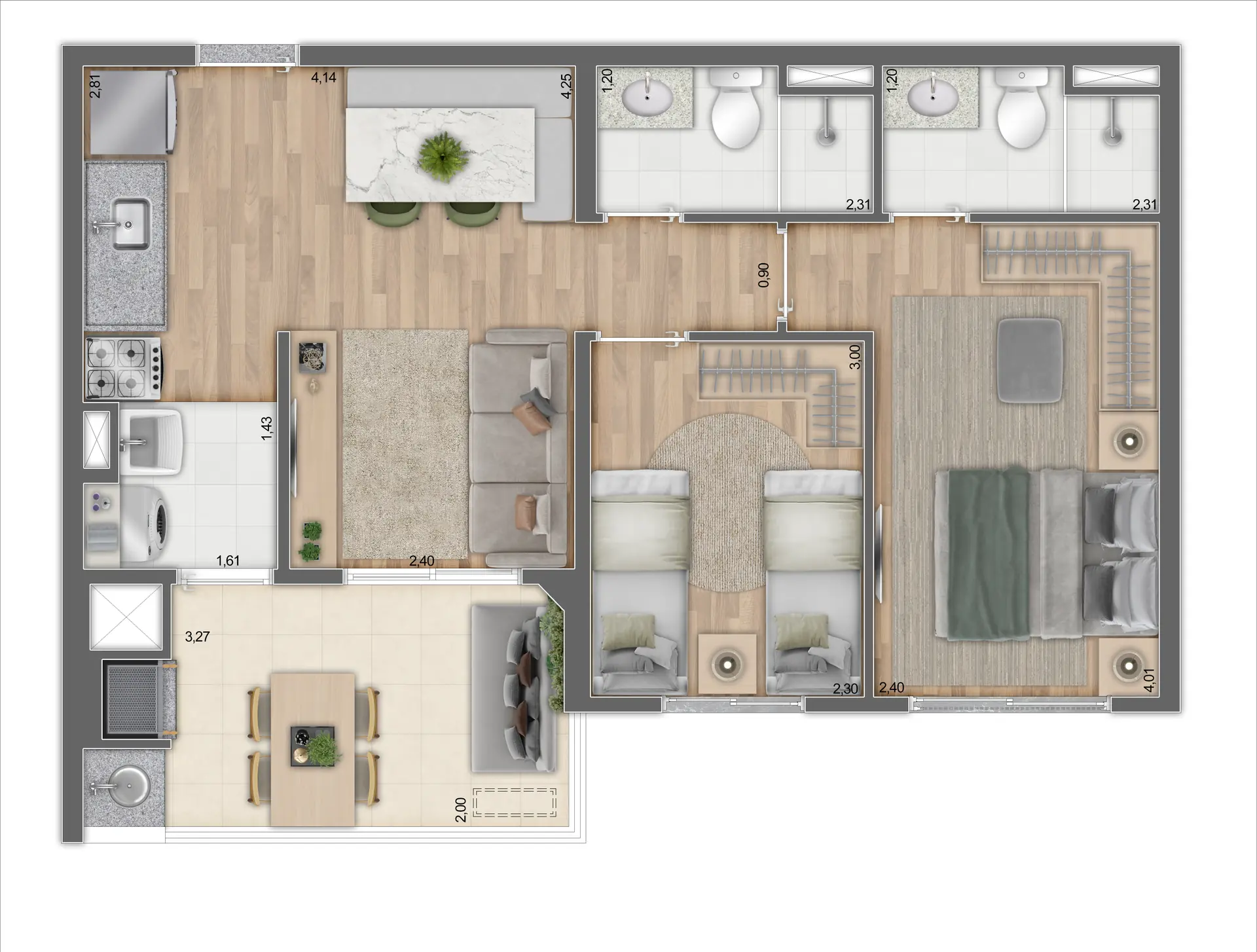 Planta 2 dorms com suíte e terraço (opção de sala ampliada)