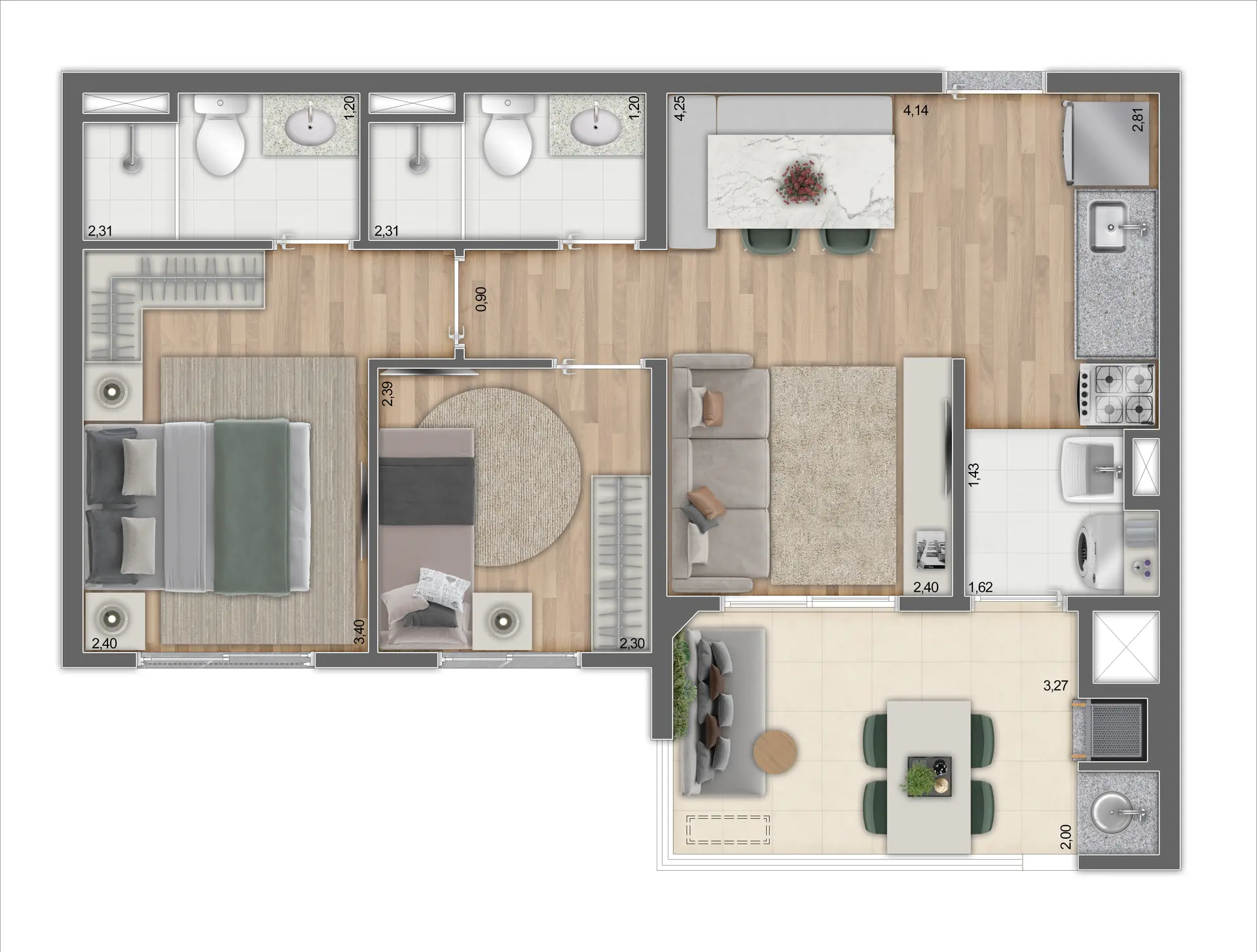 Planta 2 dorms c suíte e terraço (opção de sala ampliada)