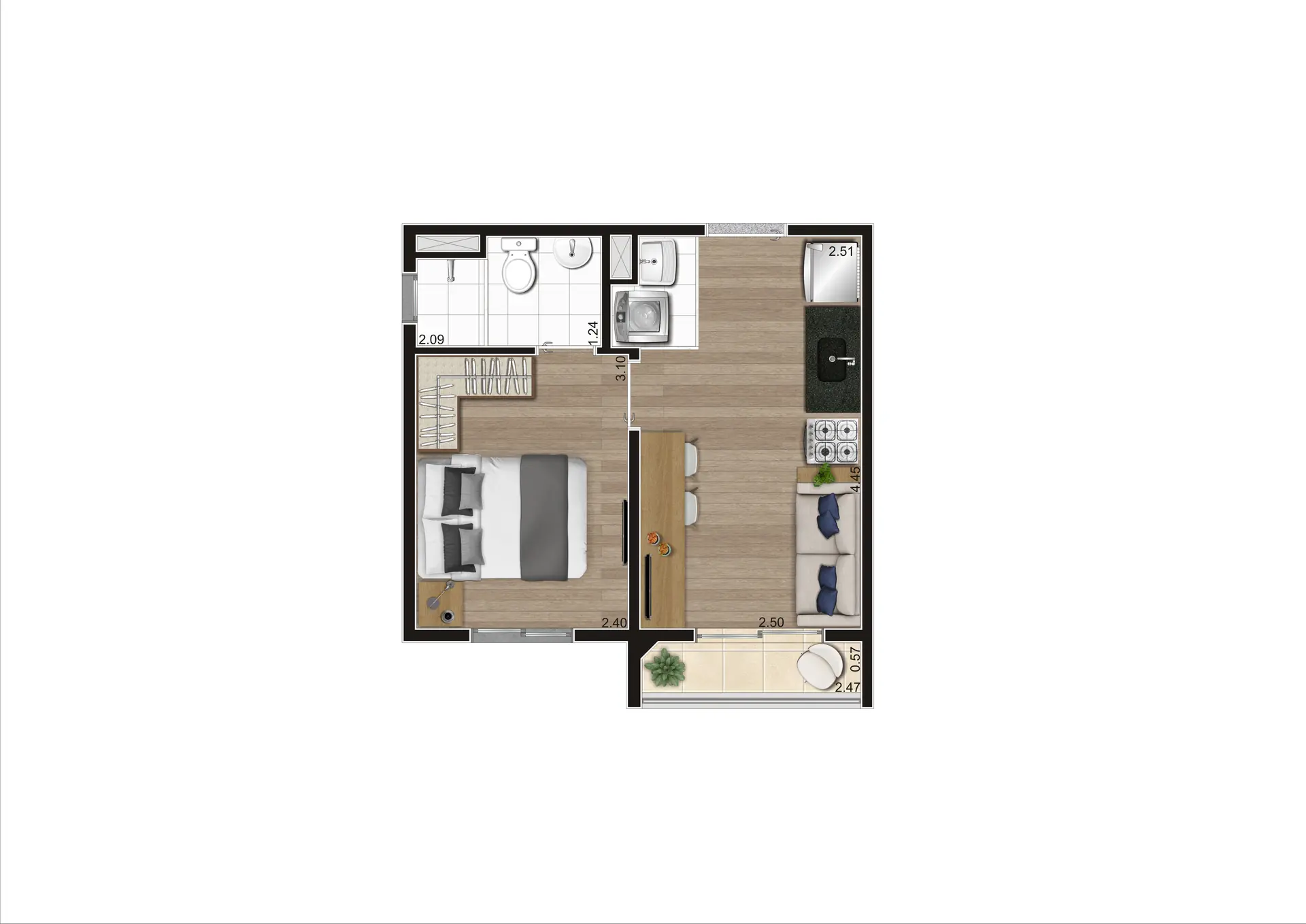 Planta 1 dormitório com terraço