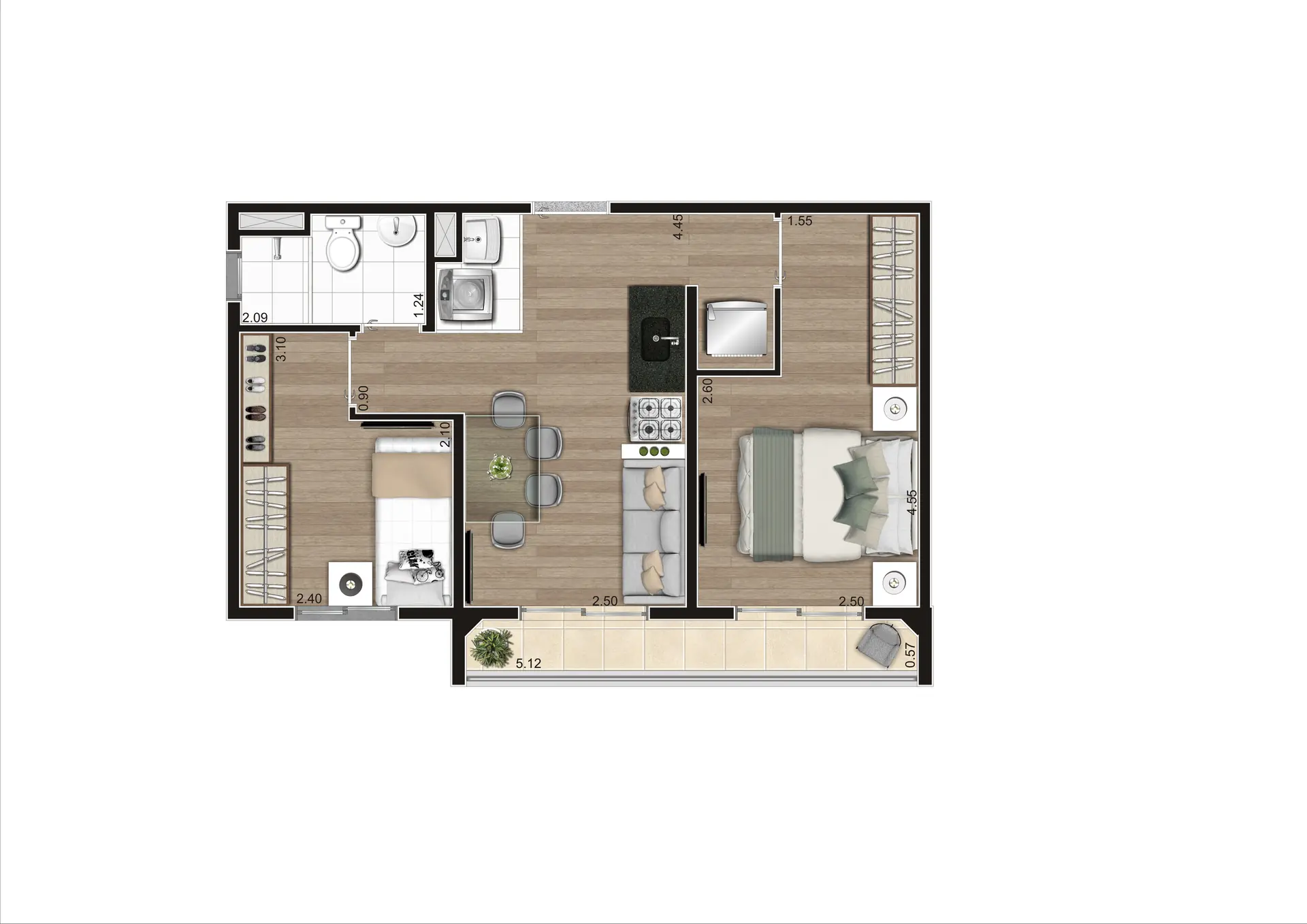 Planta 2 dormitórios com terraço ampliado