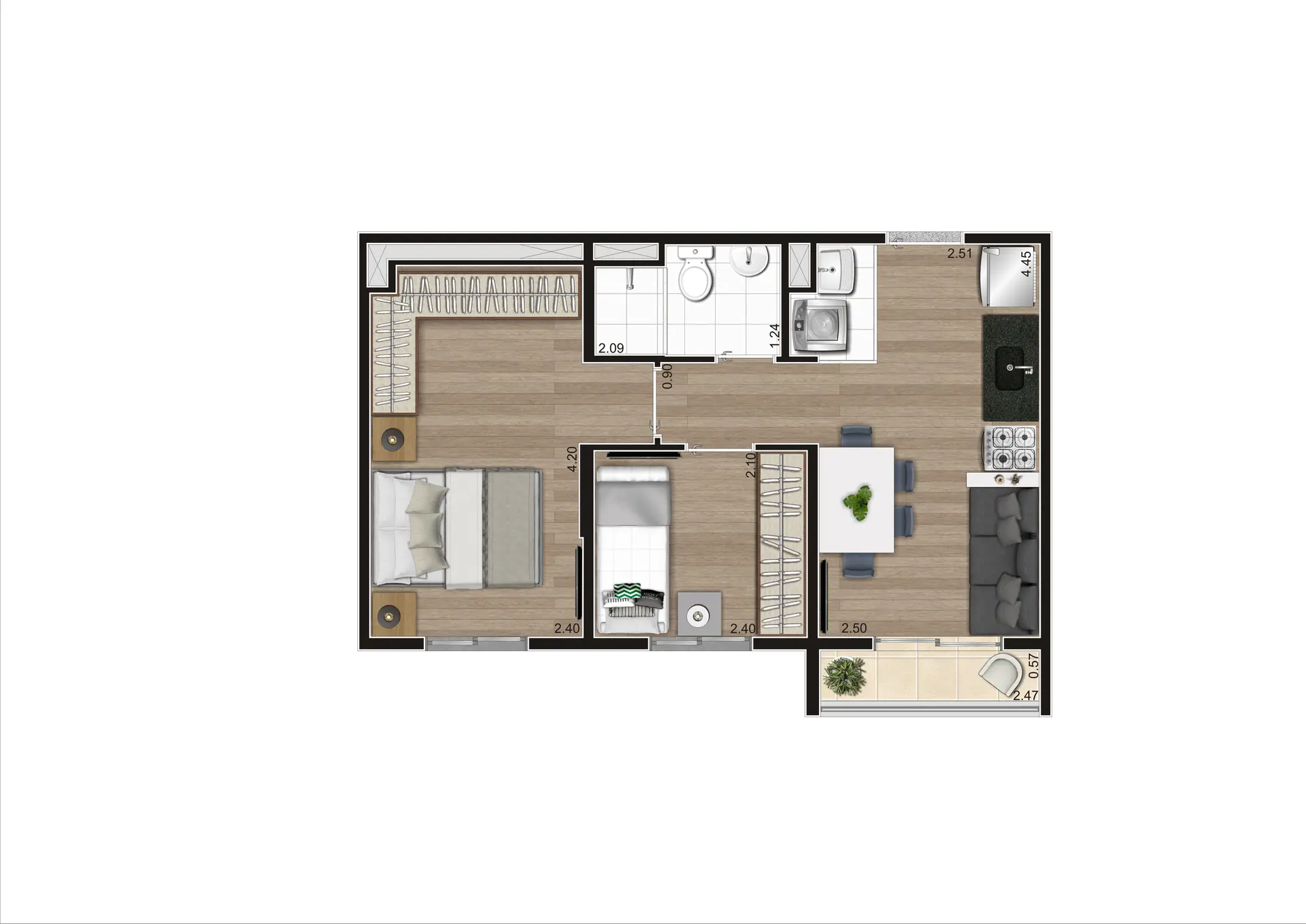 Planta 2 dormitórios com terraço