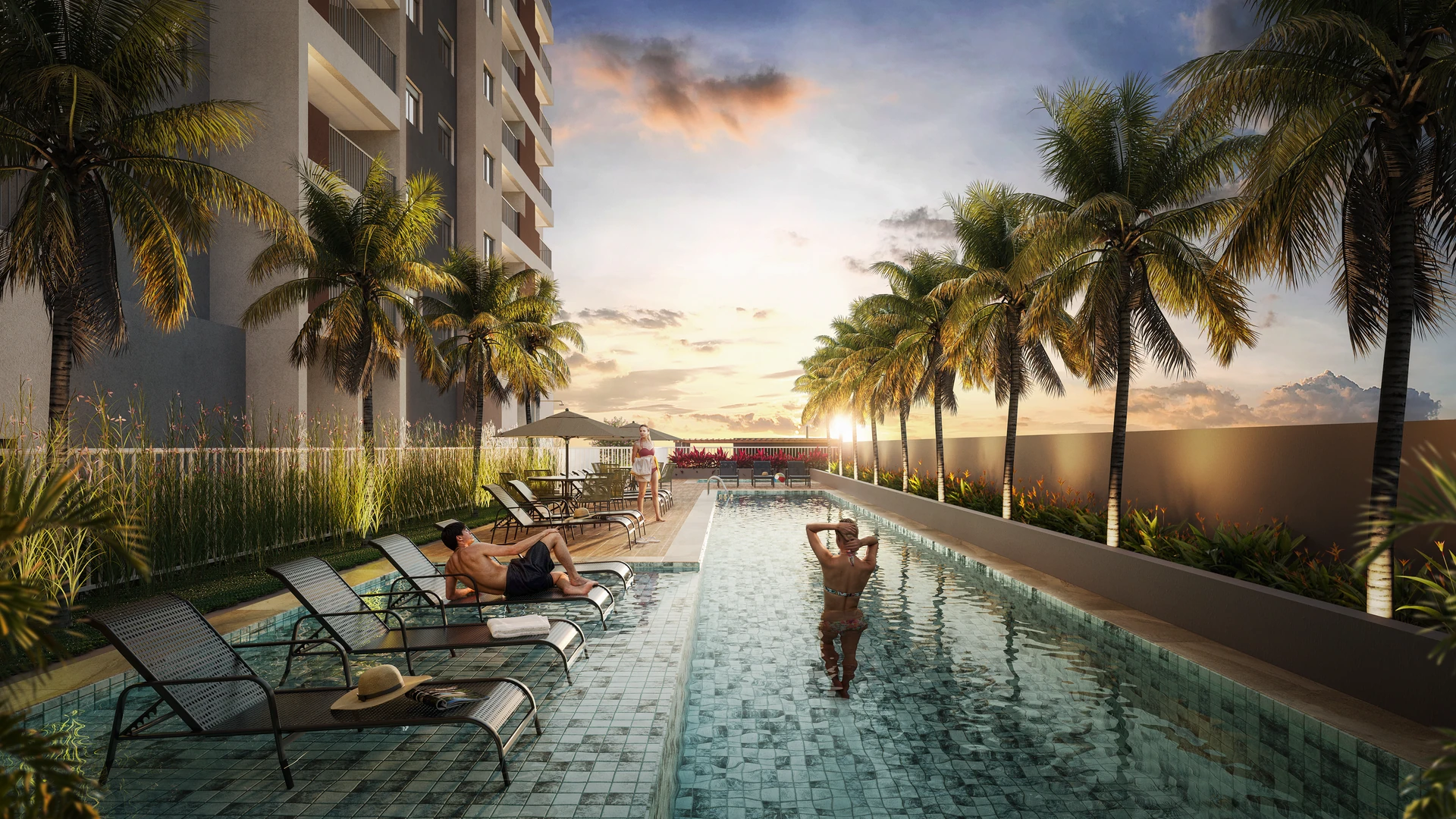 Piscina adulto com deck molhado ao entardecer