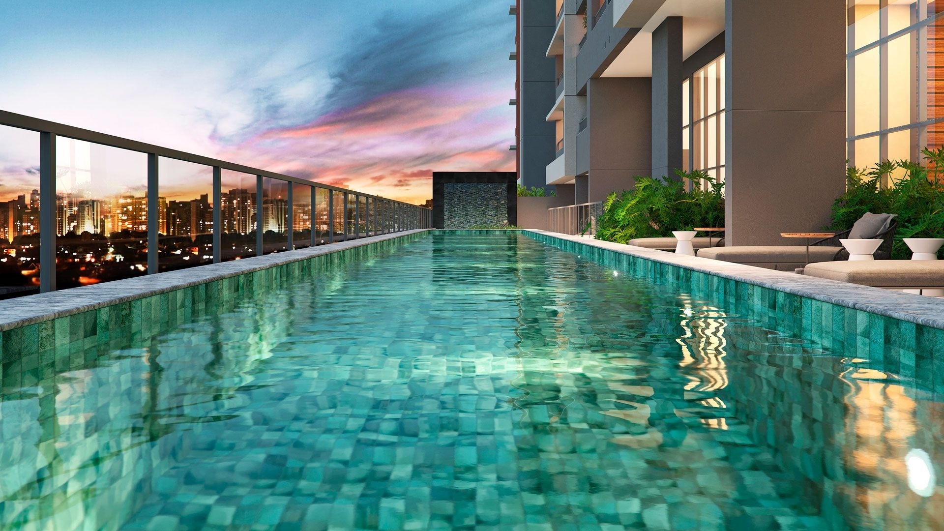 Perspectiva artística da piscina ao entardecer