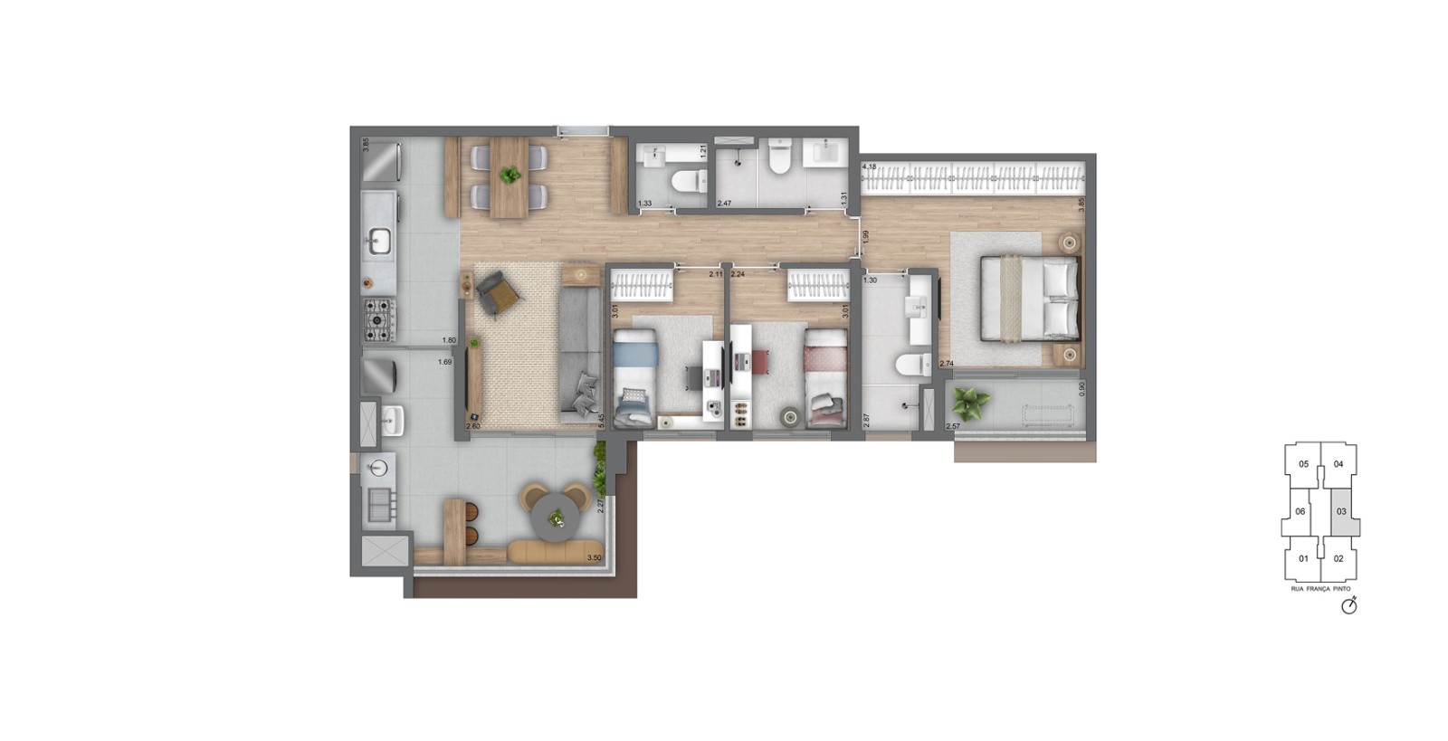 Planta 3 dorms · 1 suíte