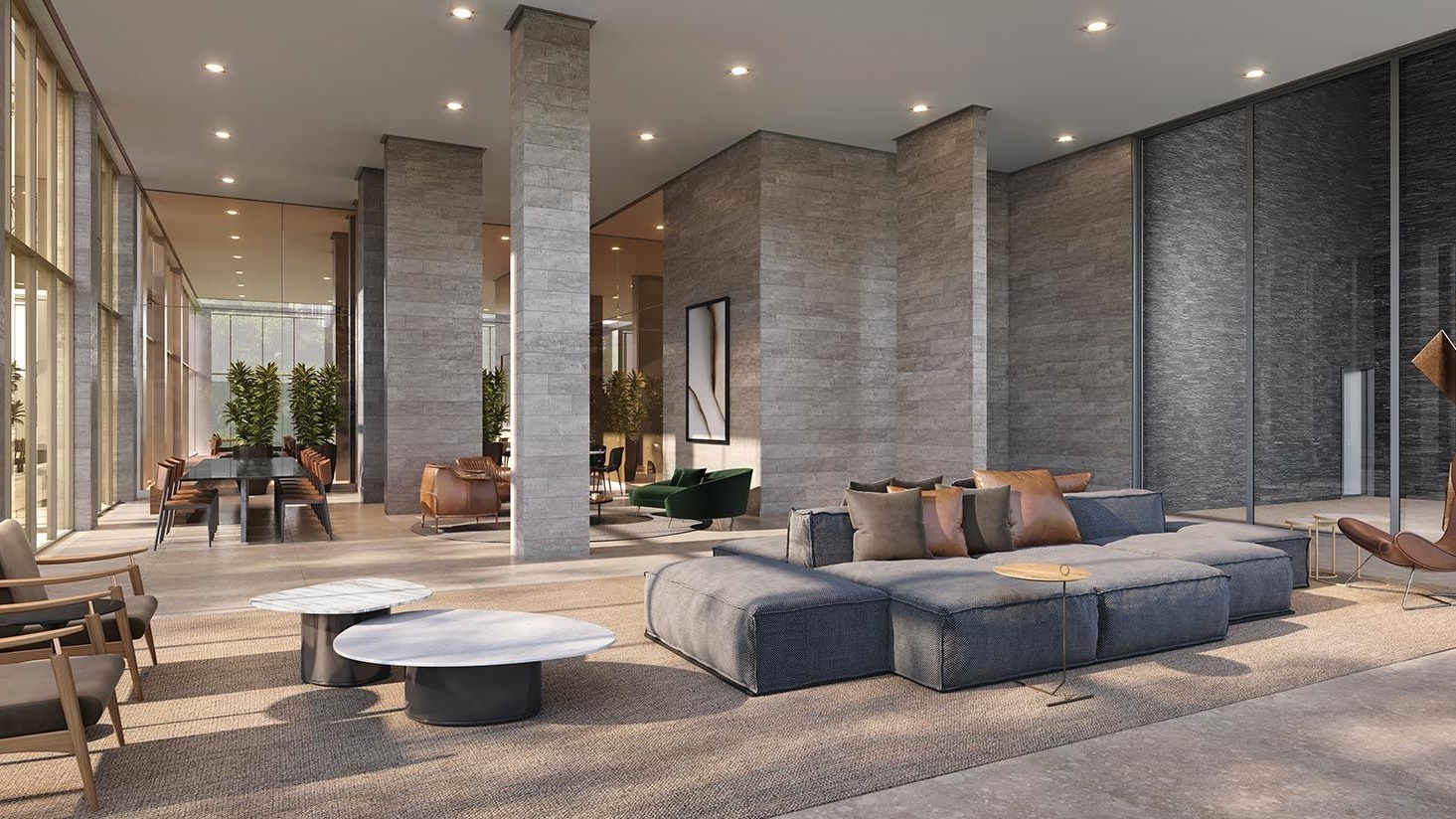 Perspectiva artística do lobby residencial