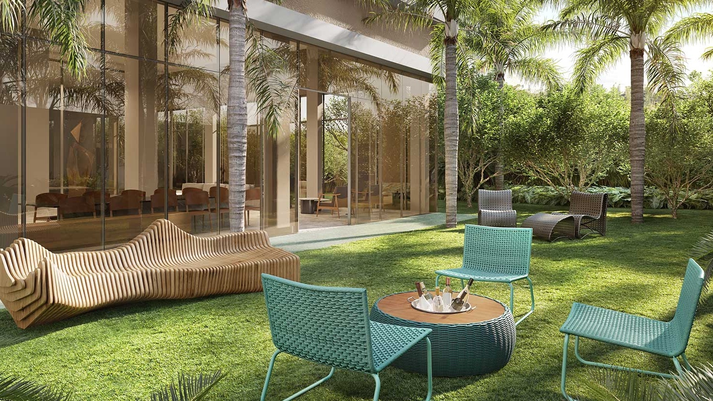 Perspectiva artística do lounge residencial com jardim
