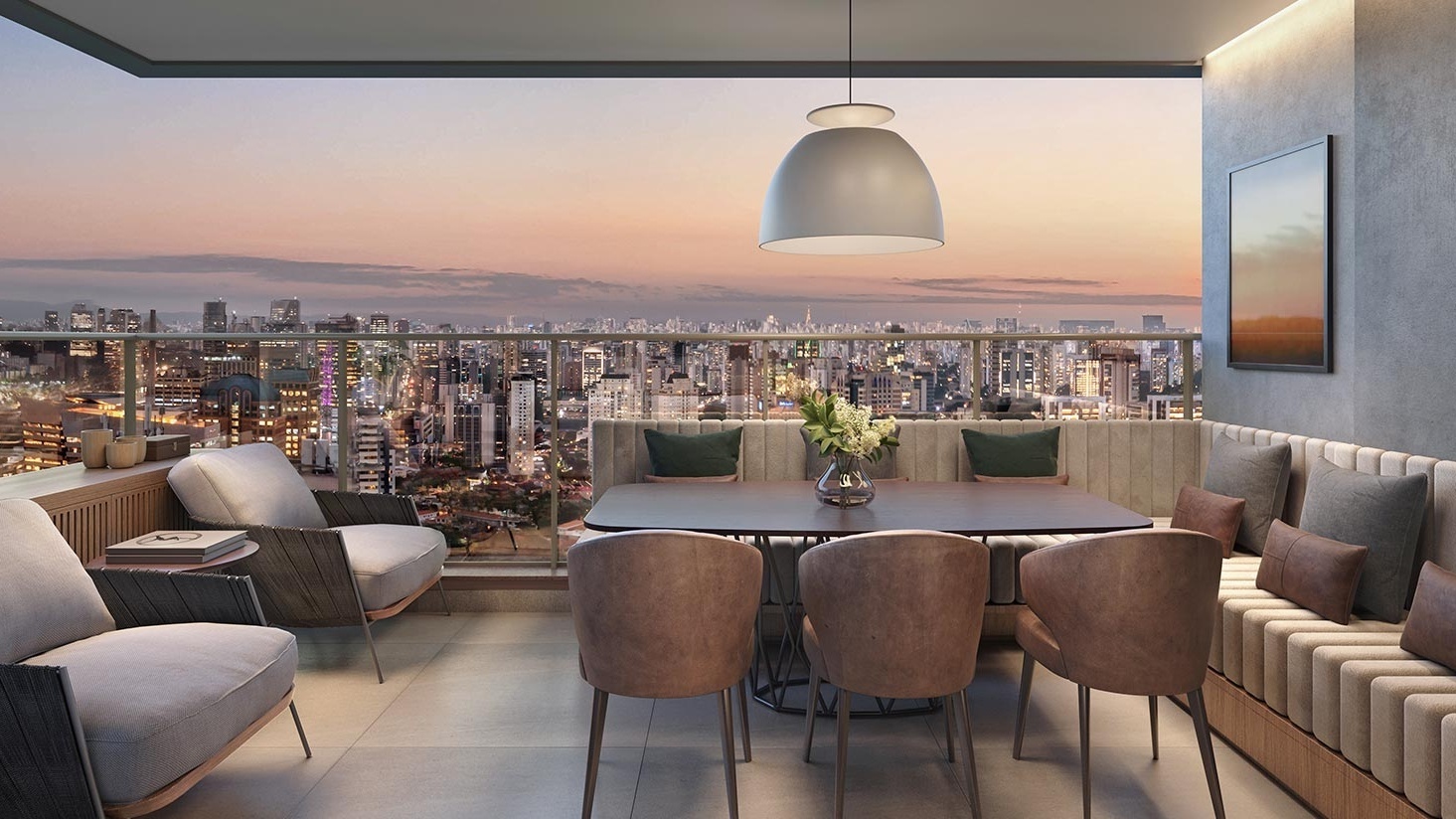 Perspectiva artística do terraço com vista para a cidade