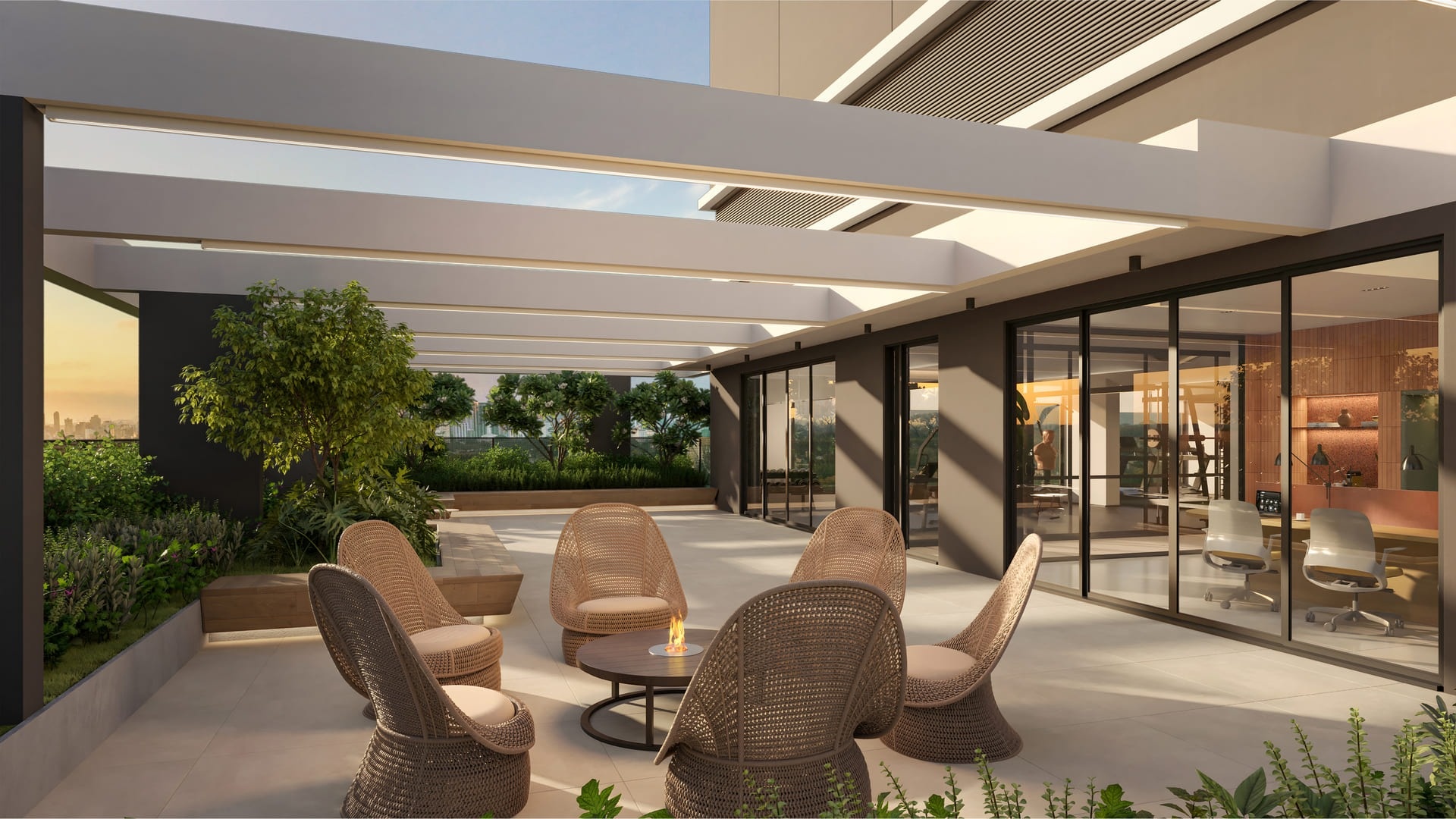 Perspectiva artística do lounge externo com lareira