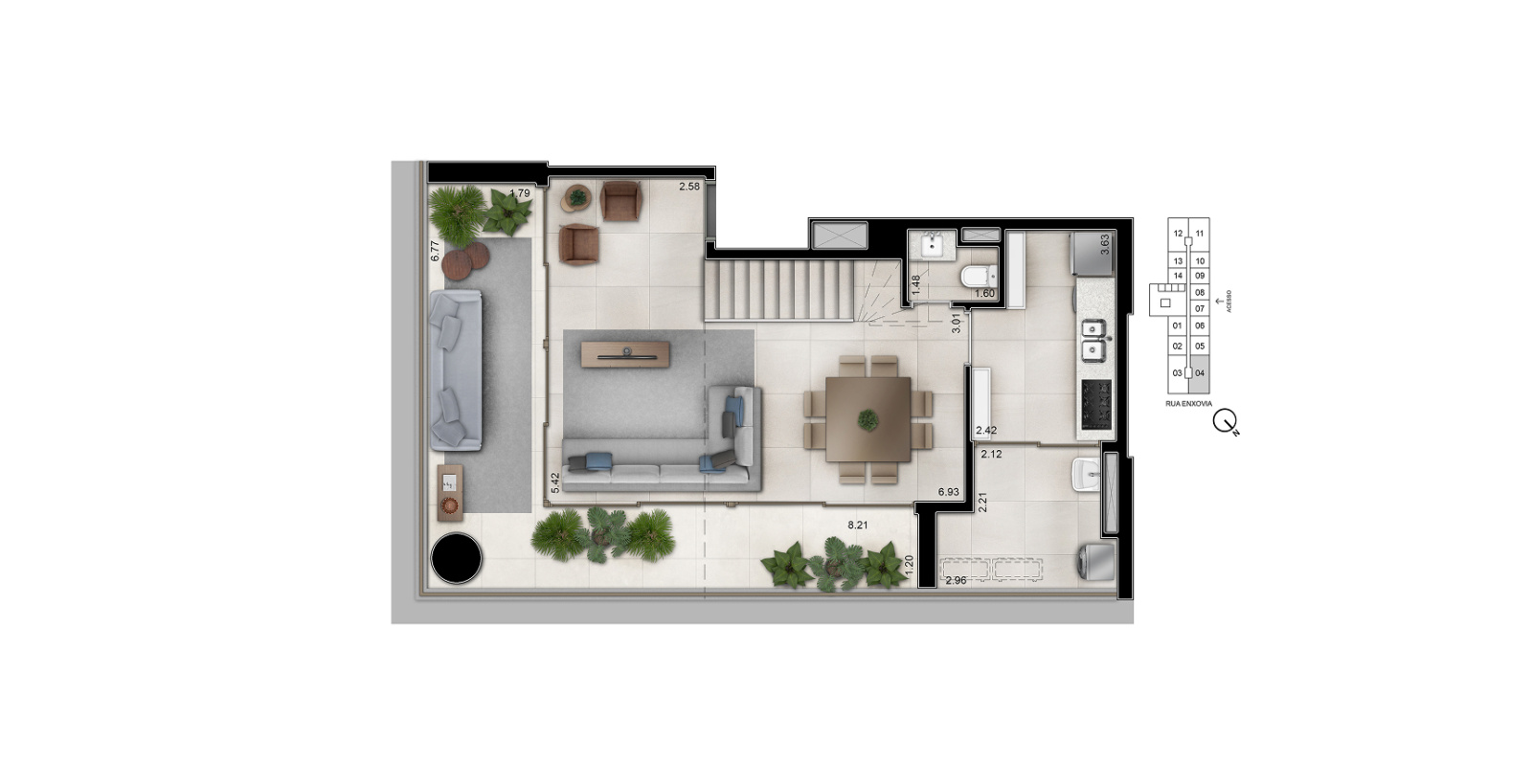 Planta do duplex de 120 m² — piso inferior, com living, jantar e terraço