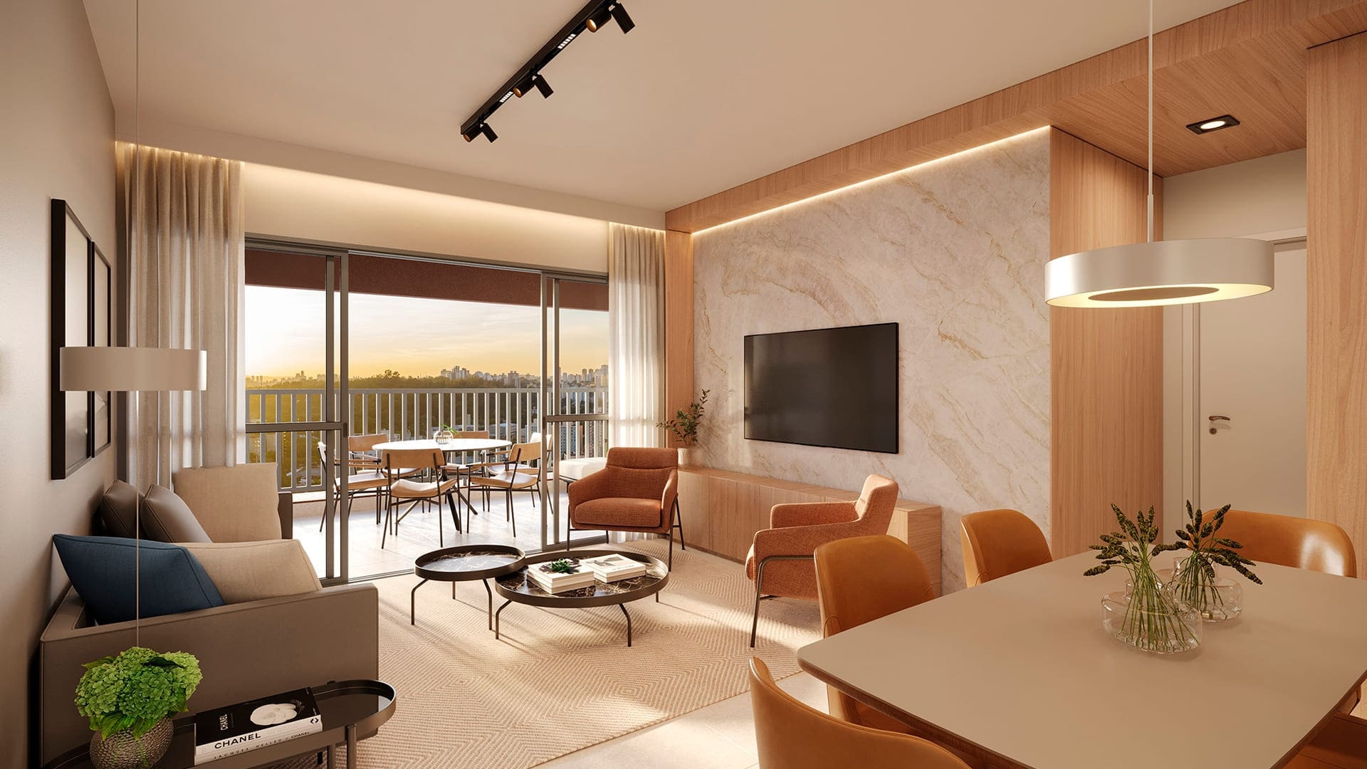 Perspectiva artística do living do apartamento de 114 m²