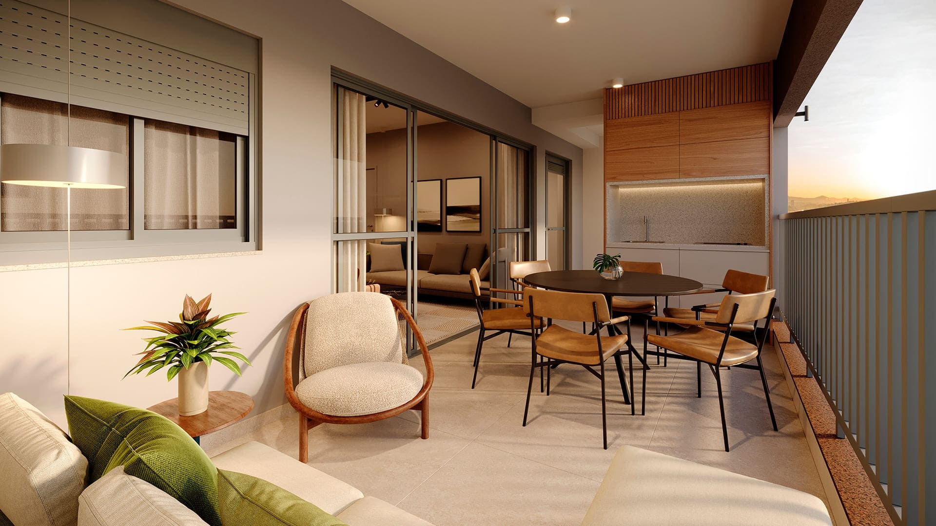 Perspectiva artística do terraço do apartamento de 114 m²