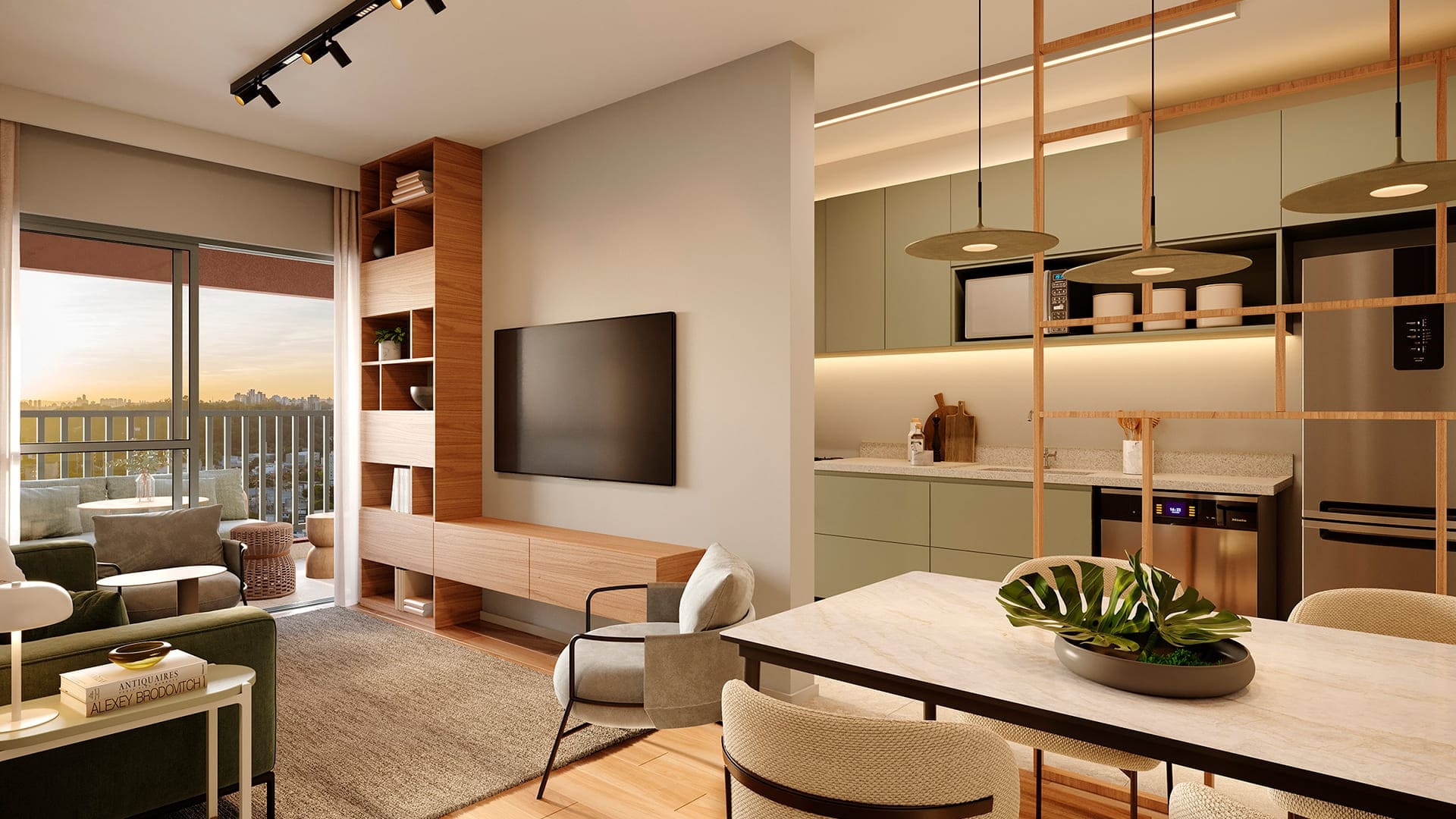 Perspectiva artística do living do apartamento de 94 m²