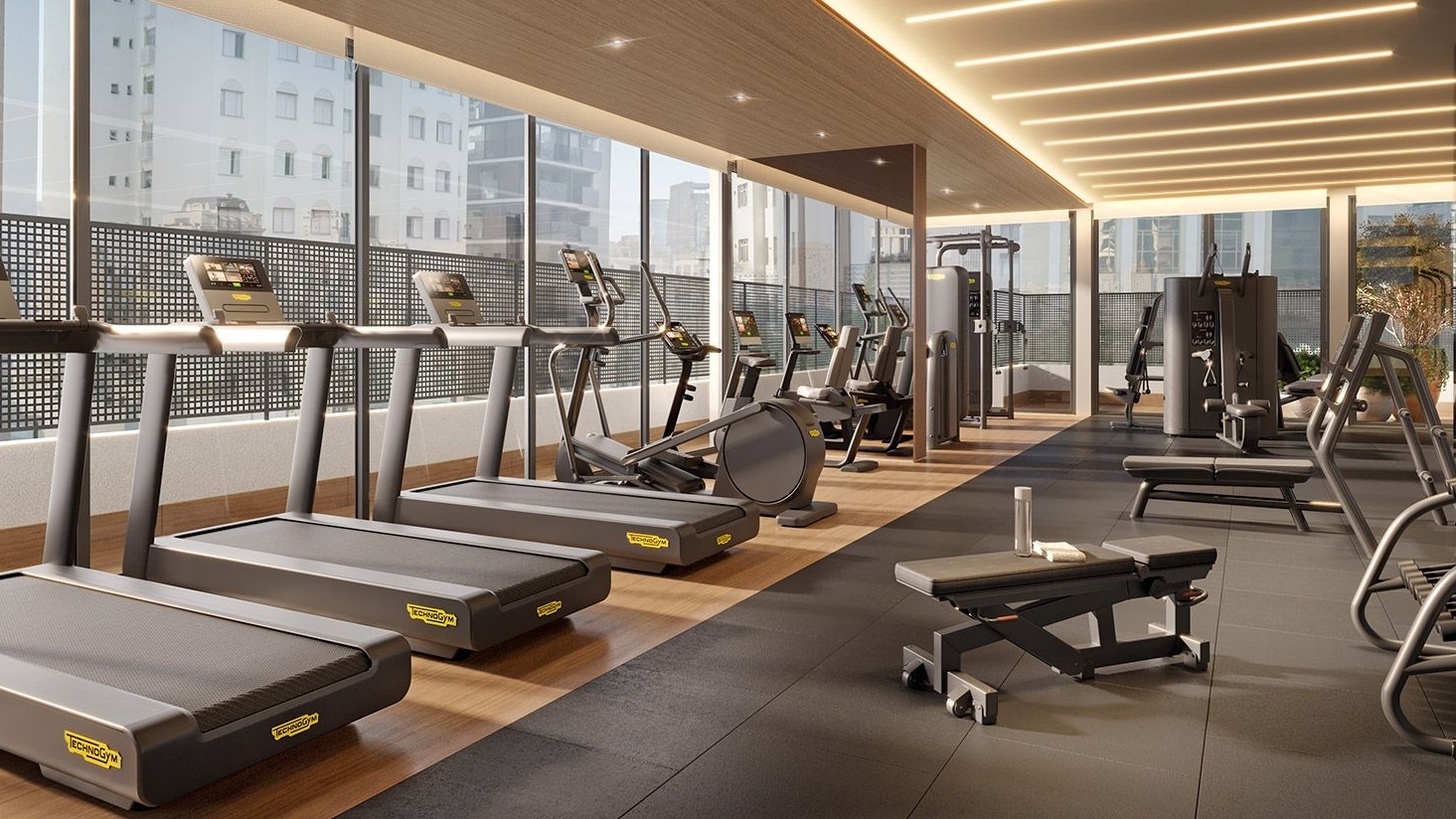 Perspectiva artística do fitness com aparelhos Tecnogym