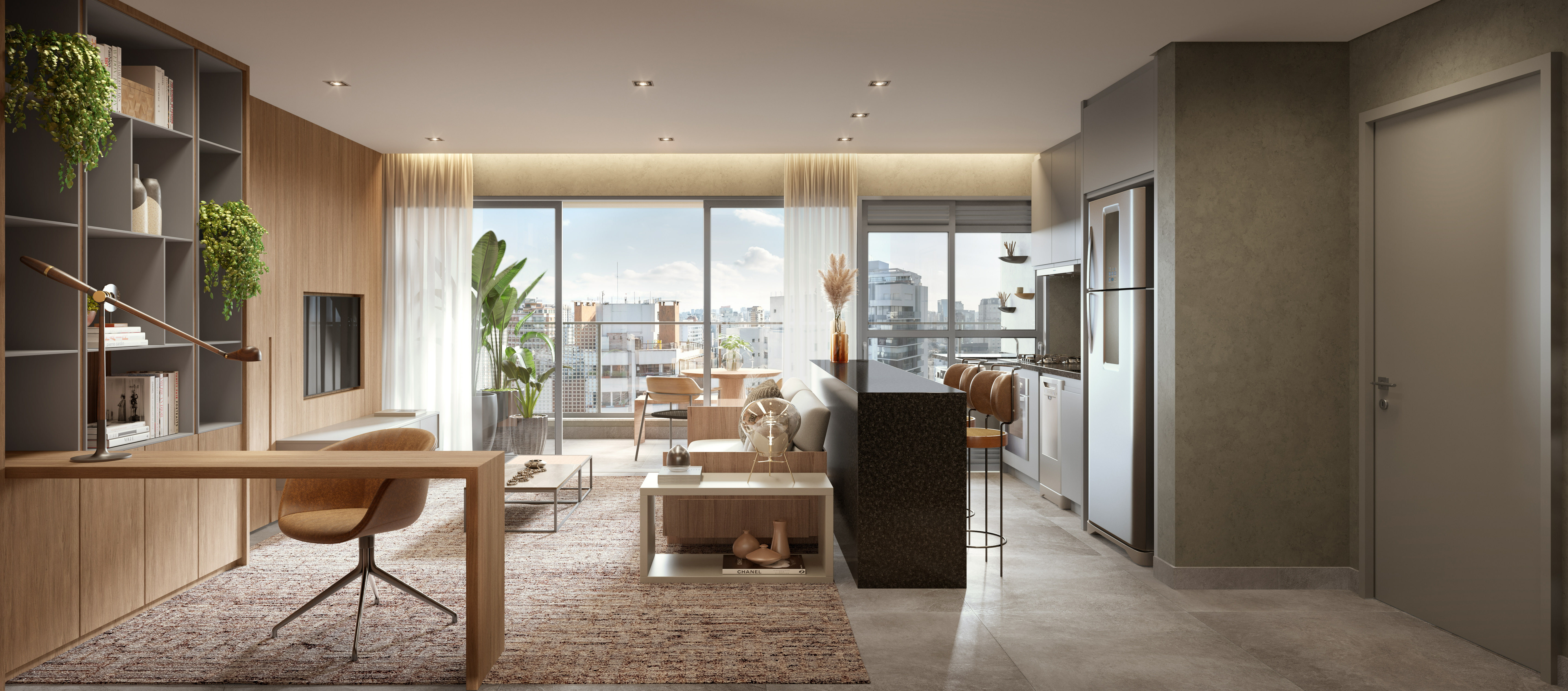 Perspectiva artística do living do apartamento de 81 m²