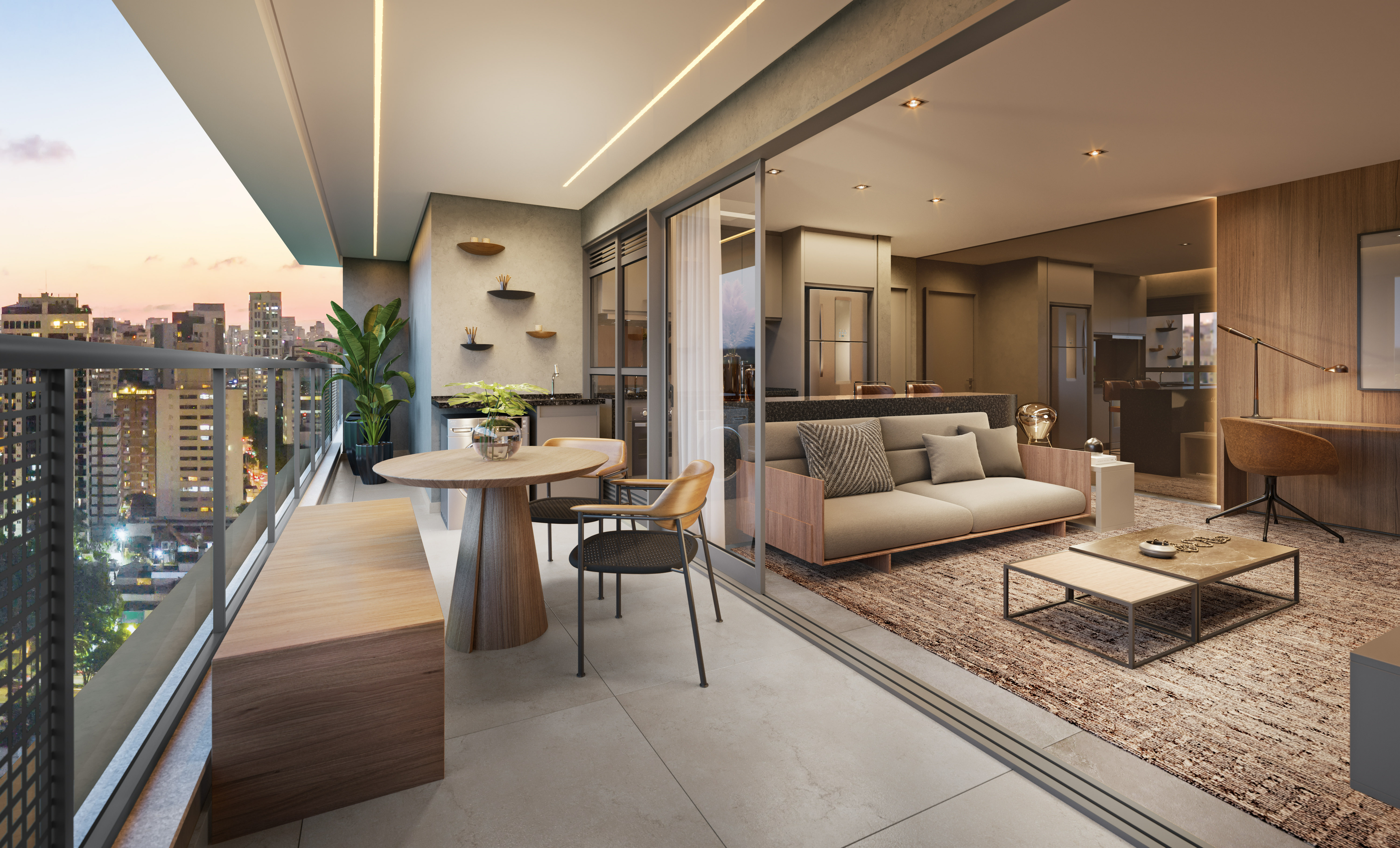 Perspectiva artística do living do apartamento de 126 m²