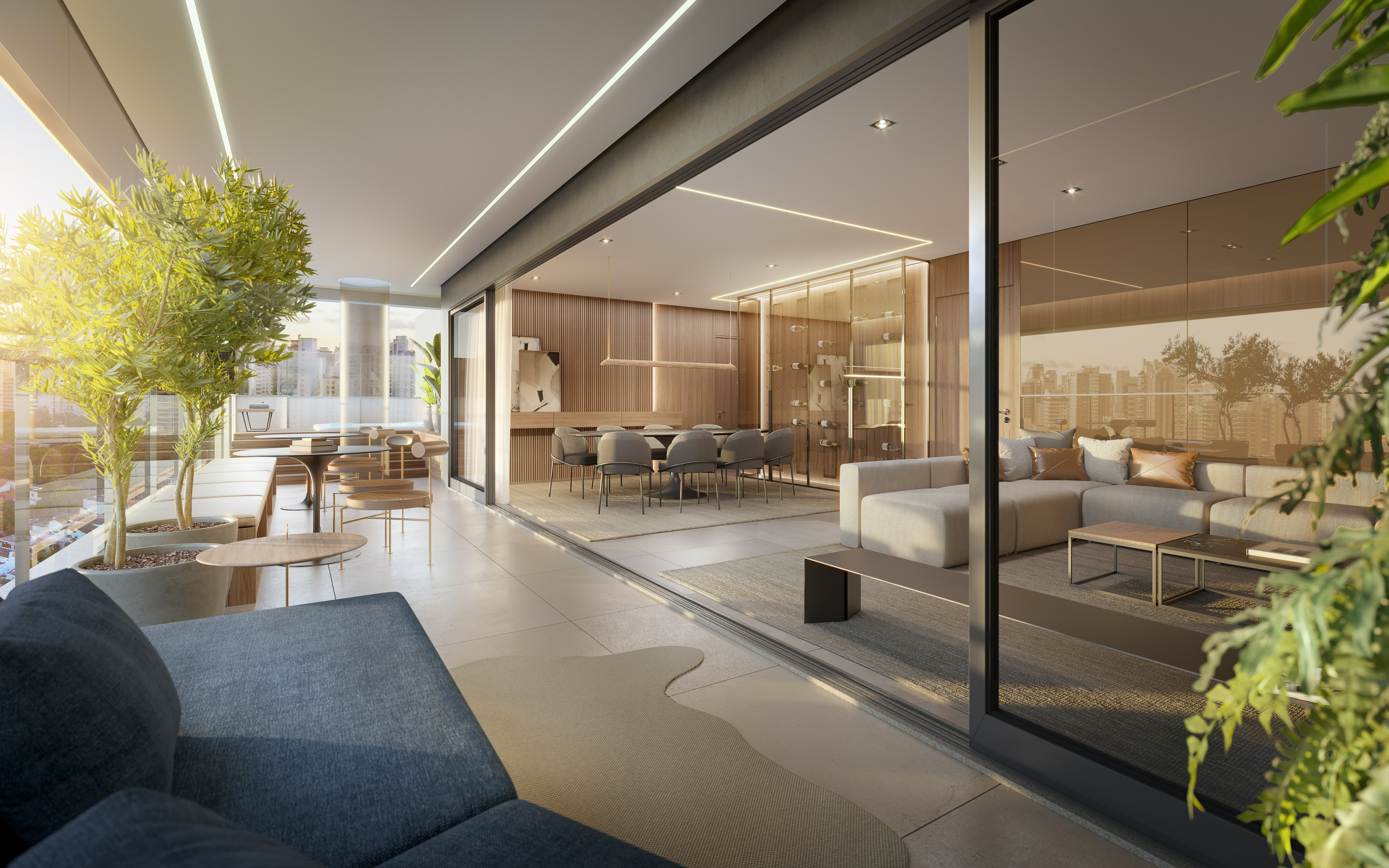 Perspectiva artística do living da penthouse