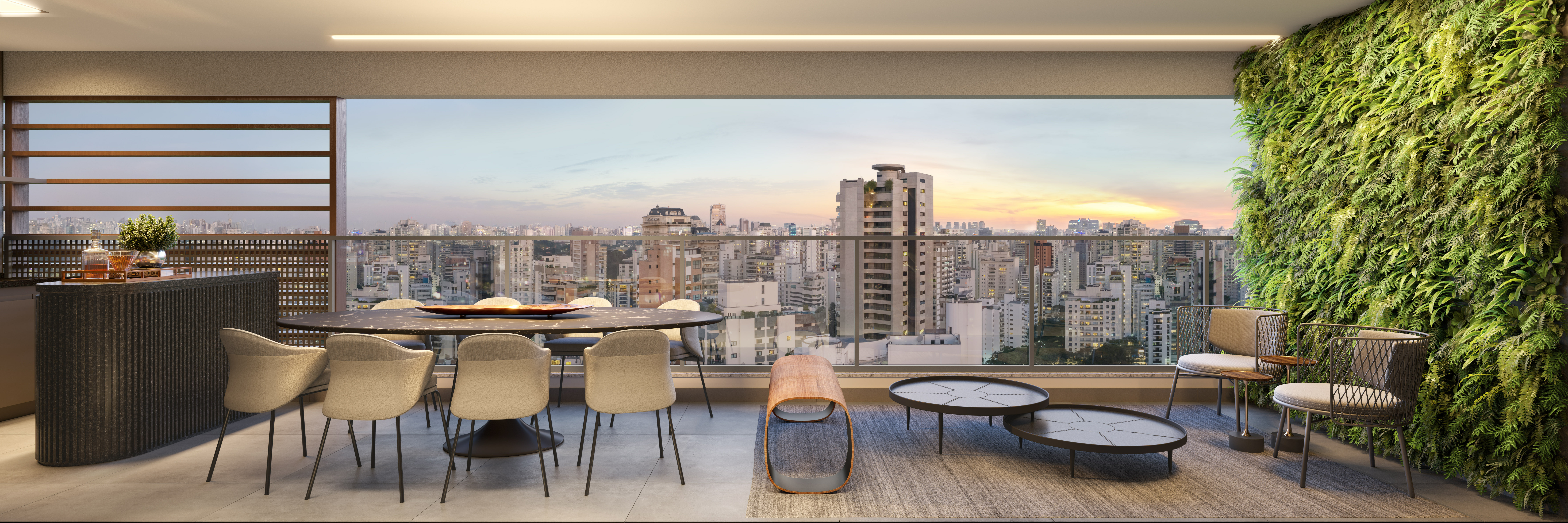 Perspectiva artística do terraço com vista para a cidade