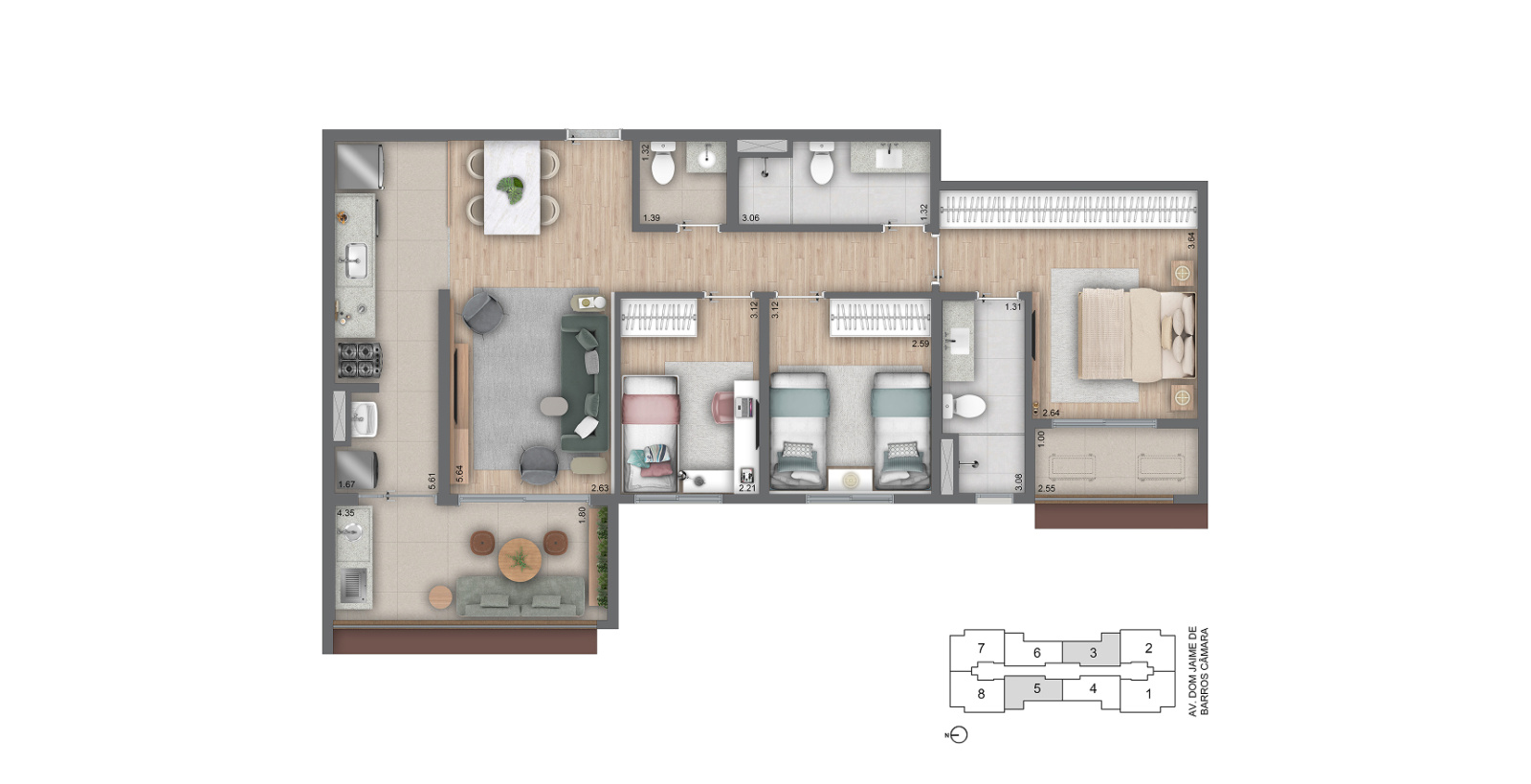 Planta 3 dorms · 1 suíte