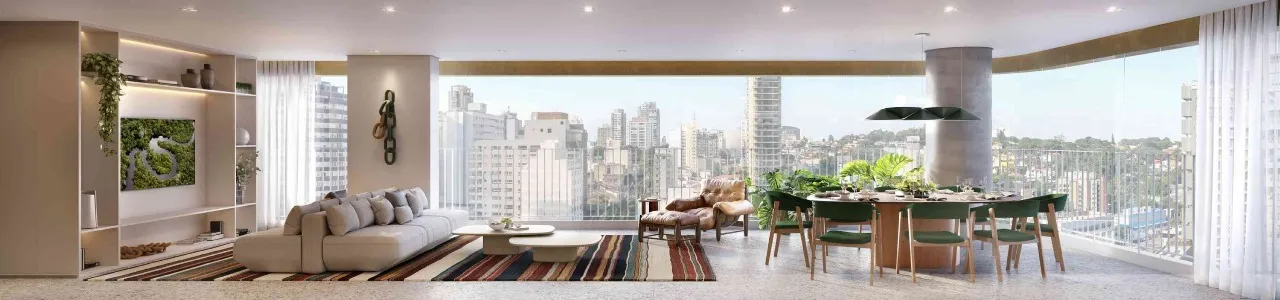 Living com vista do apartamento decorado do Península Vila Madalena