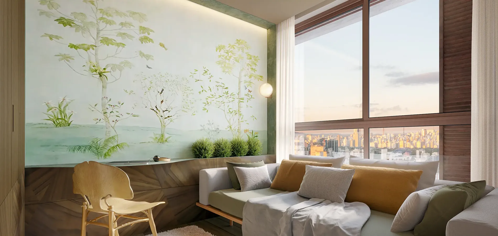 Lounge de convivência do Asteri com vista da cidade