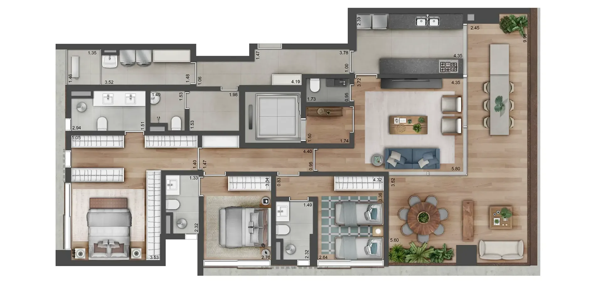 Planta 3 suítes · 171 m²