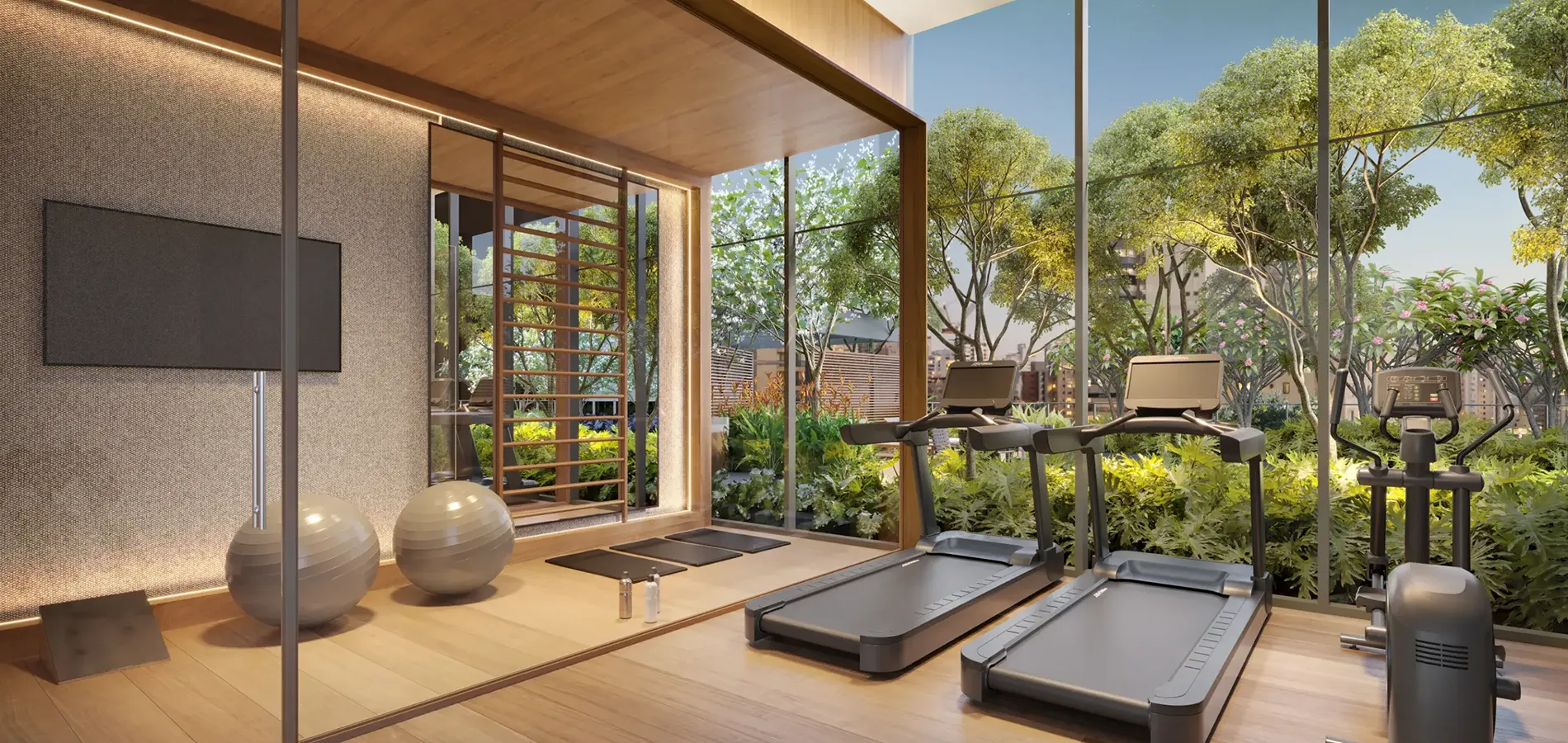 Espaço fitness integrado ao jardim do Asteri