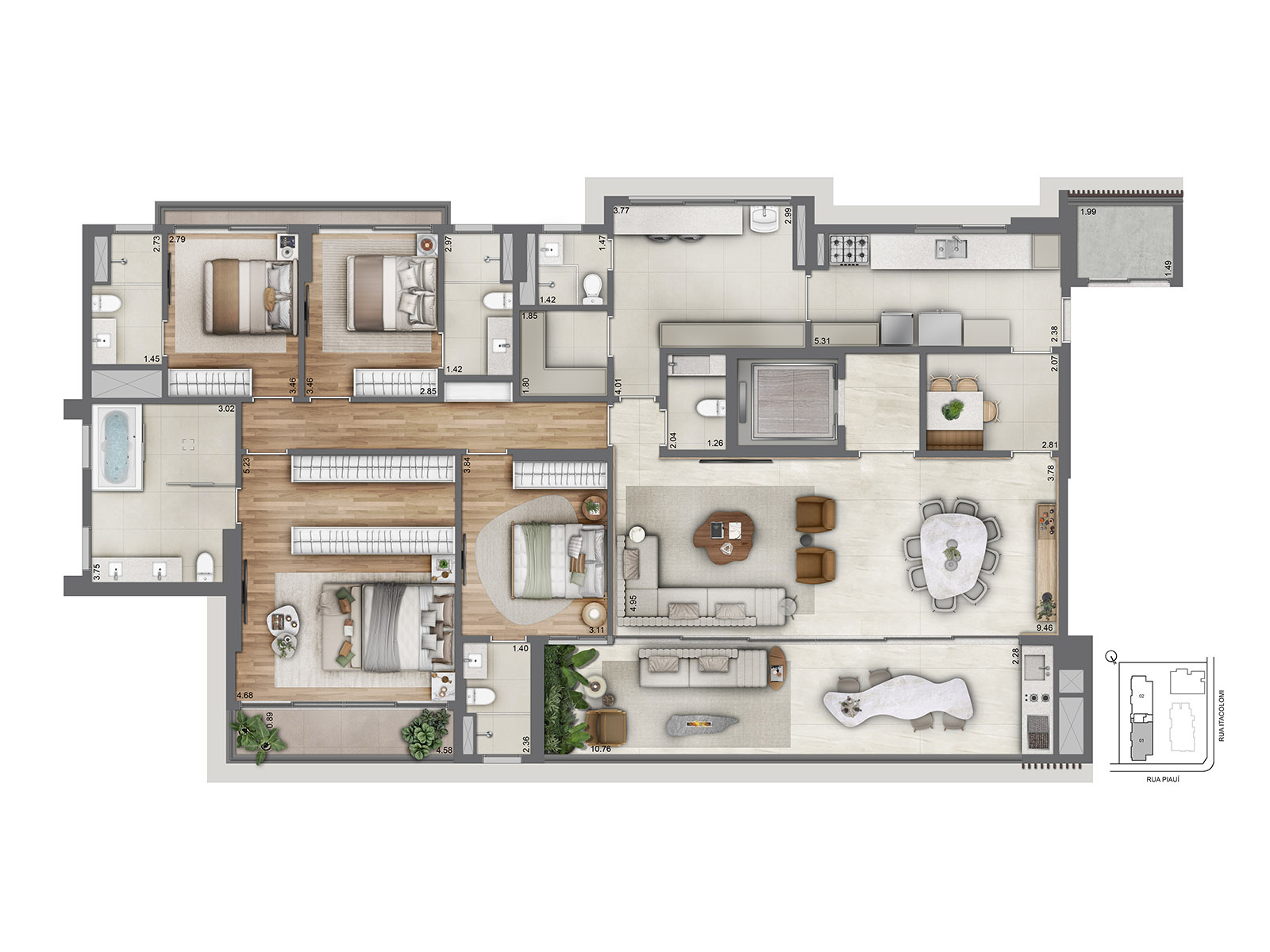 Planta 4 suítes · 249 m²