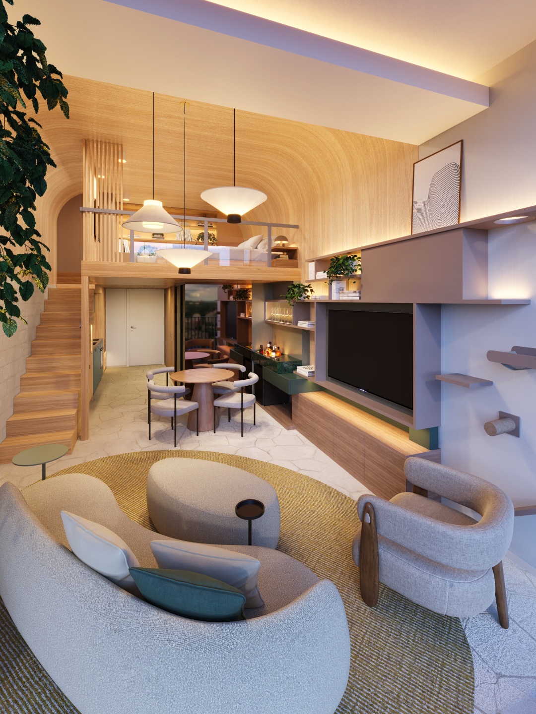 Studio decorado com pé-direito de 3,90 m