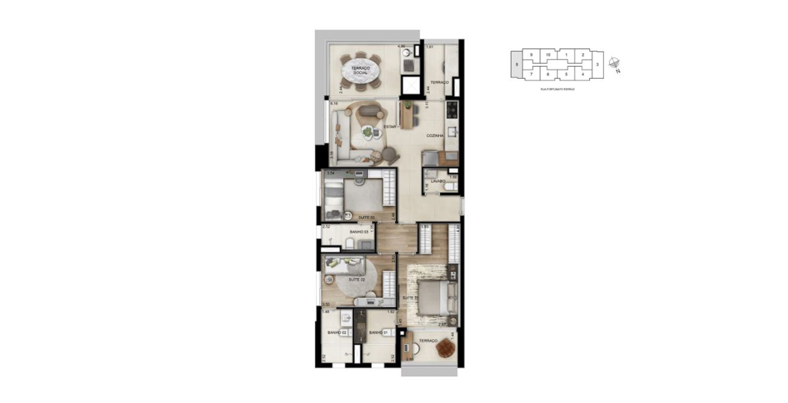 Planta 3 suítes · 105 m²