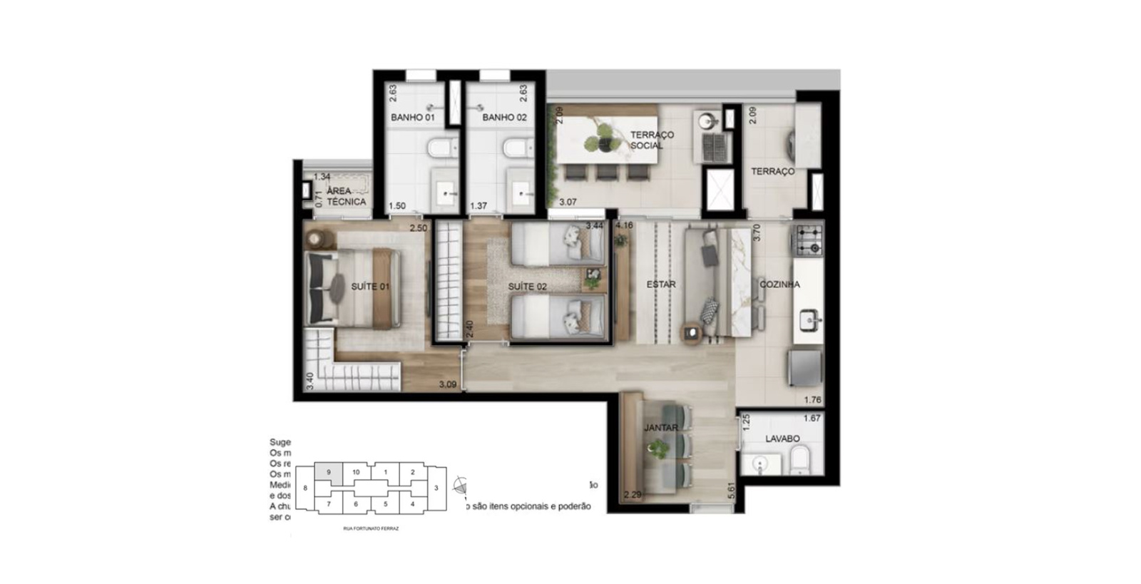Planta 3 dorms · 2 suítes · 72 m²