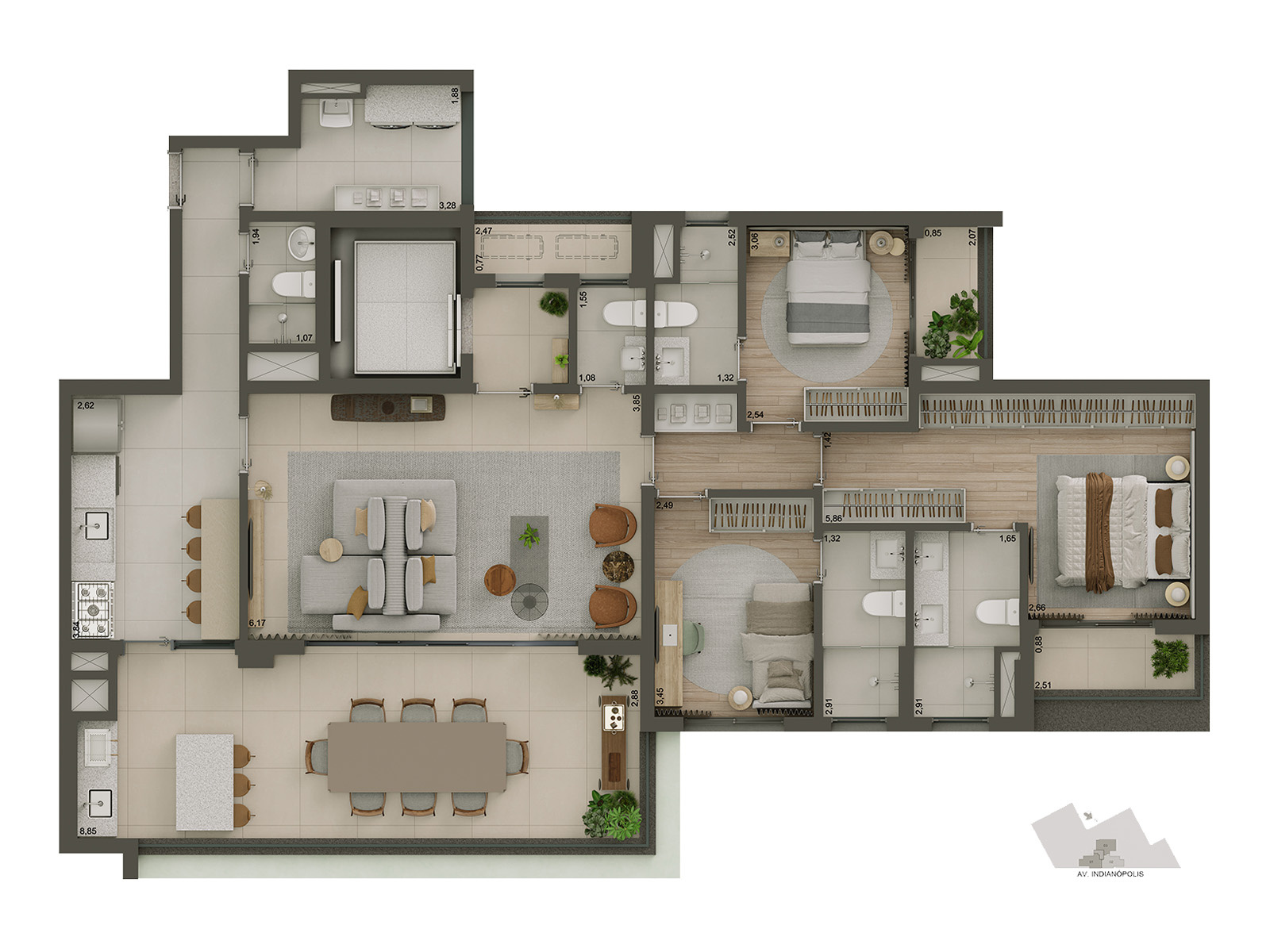 Planta Residência · 3 suítes · 157 m²