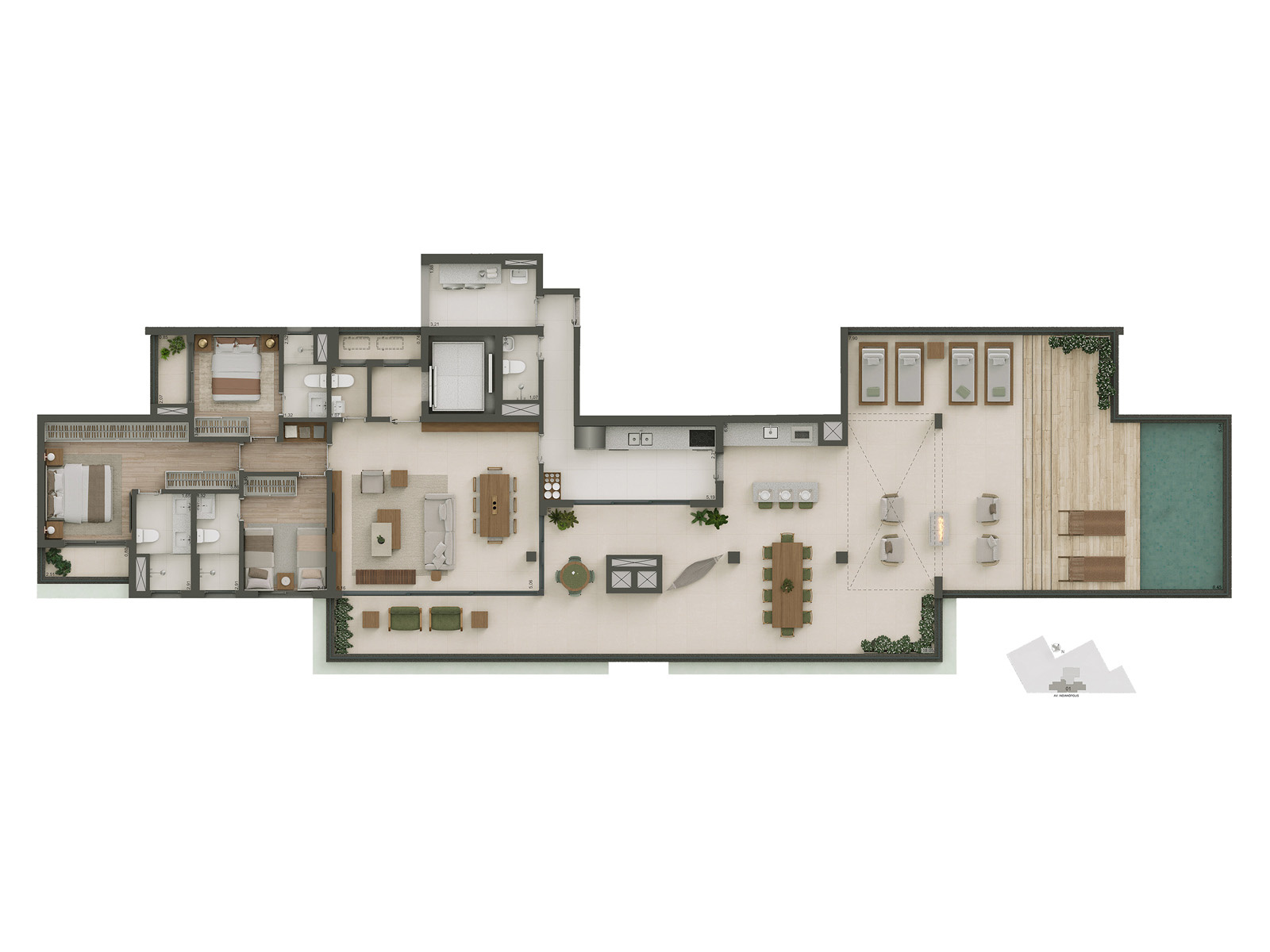 Planta Penthouse · 3 suítes · 302 m²