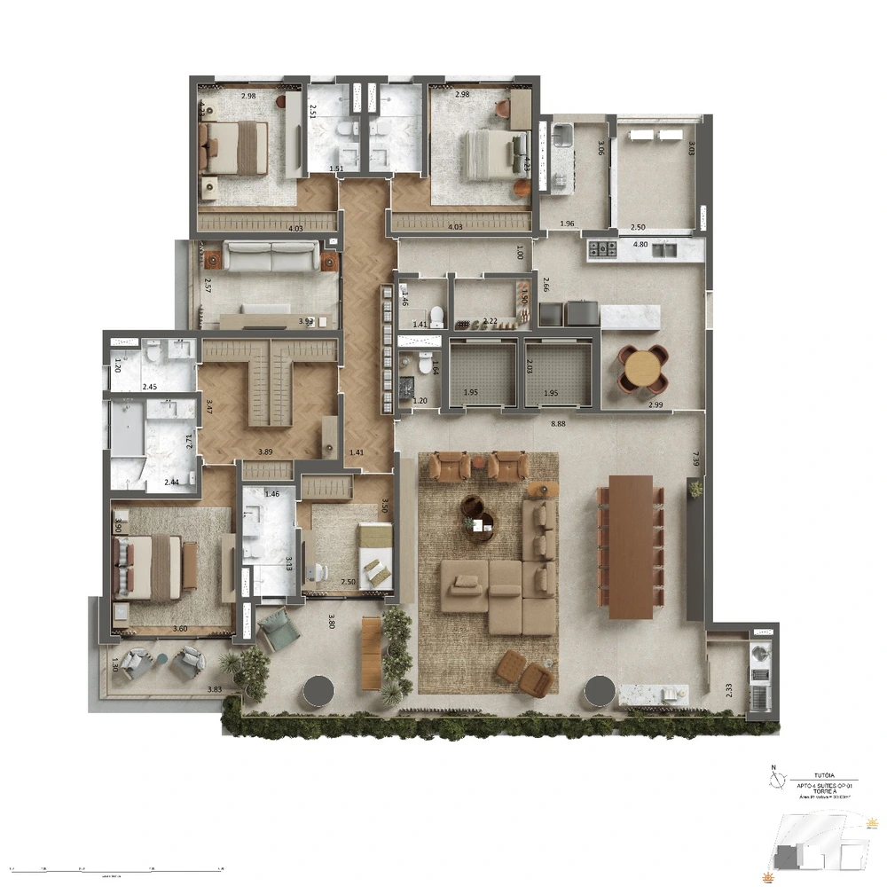 Planta 4 suítes · 300 m²