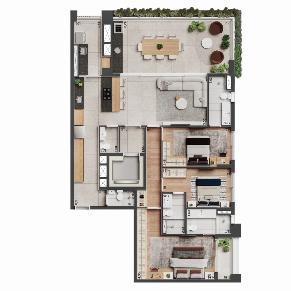 Planta Torre Alba · 3 suítes · 145 m²