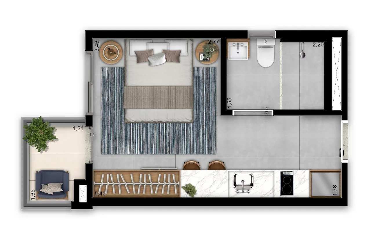 Planta Studio · 23 m²