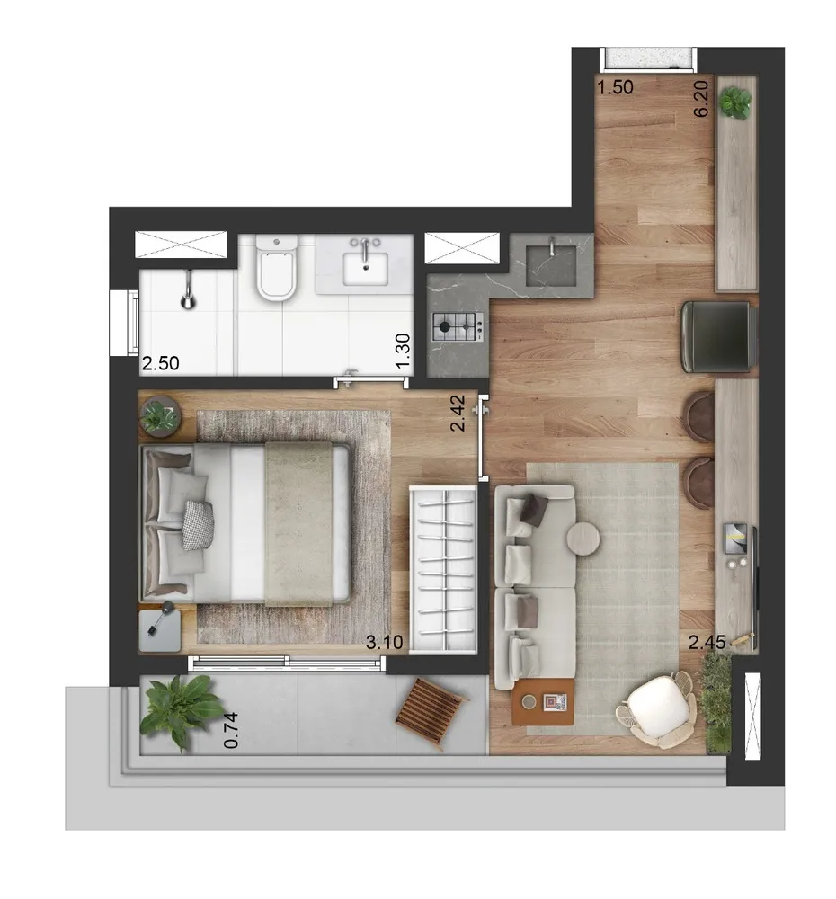 Planta 1 dormitório · 33 m²