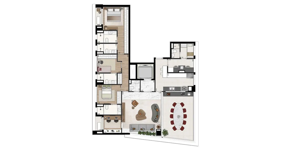 Planta 4 suítes · 185 m²