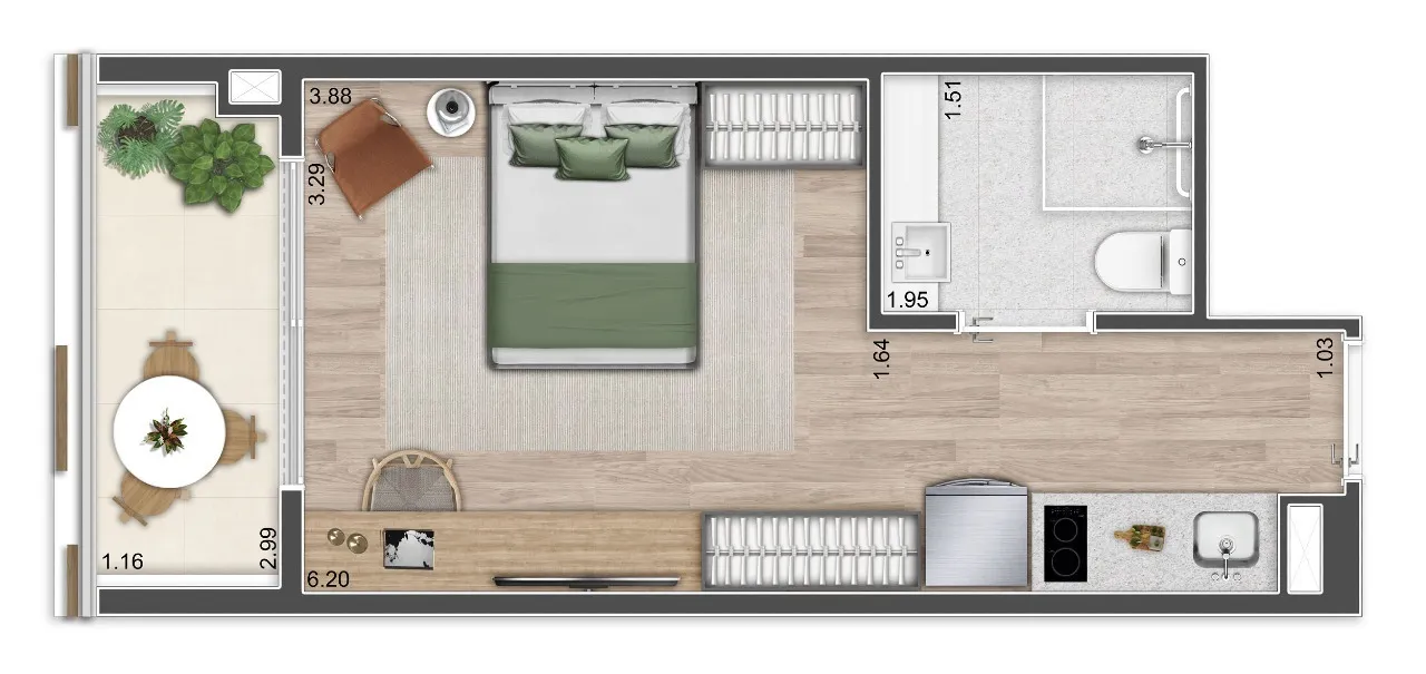 Planta Studio · 28 m²