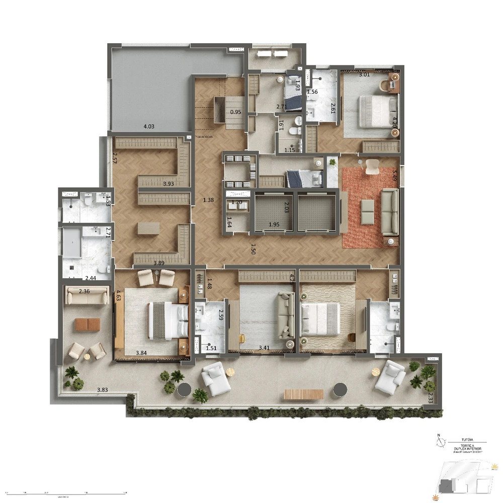Planta Cobertura duplex · 4 suítes · 588 m²