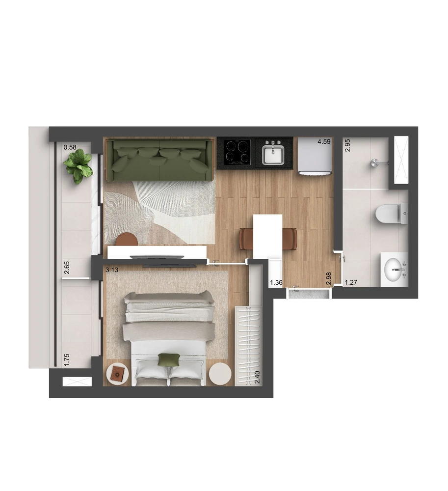 Planta 1 dormitório · 31 m²