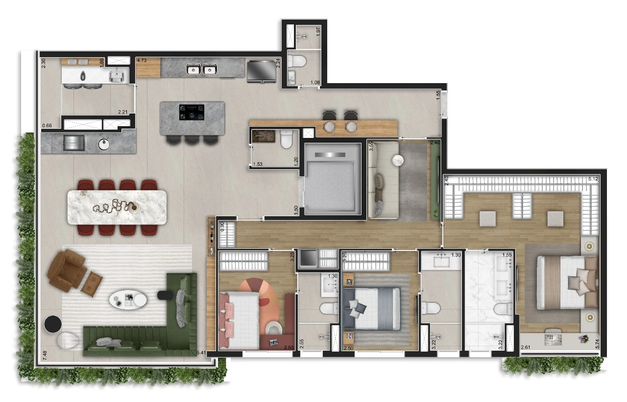 Planta 3 suítes · 167 m²