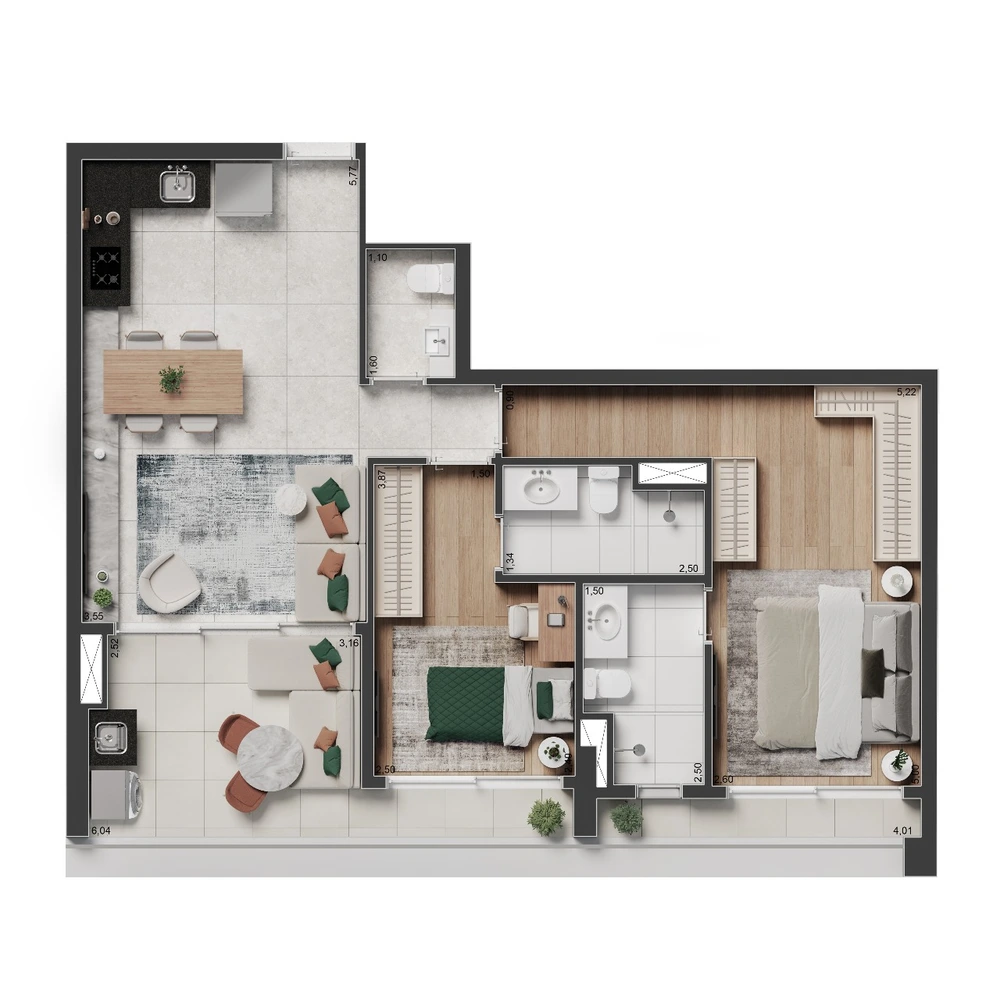 Planta Torre Savi · 2 suítes · 74 m²