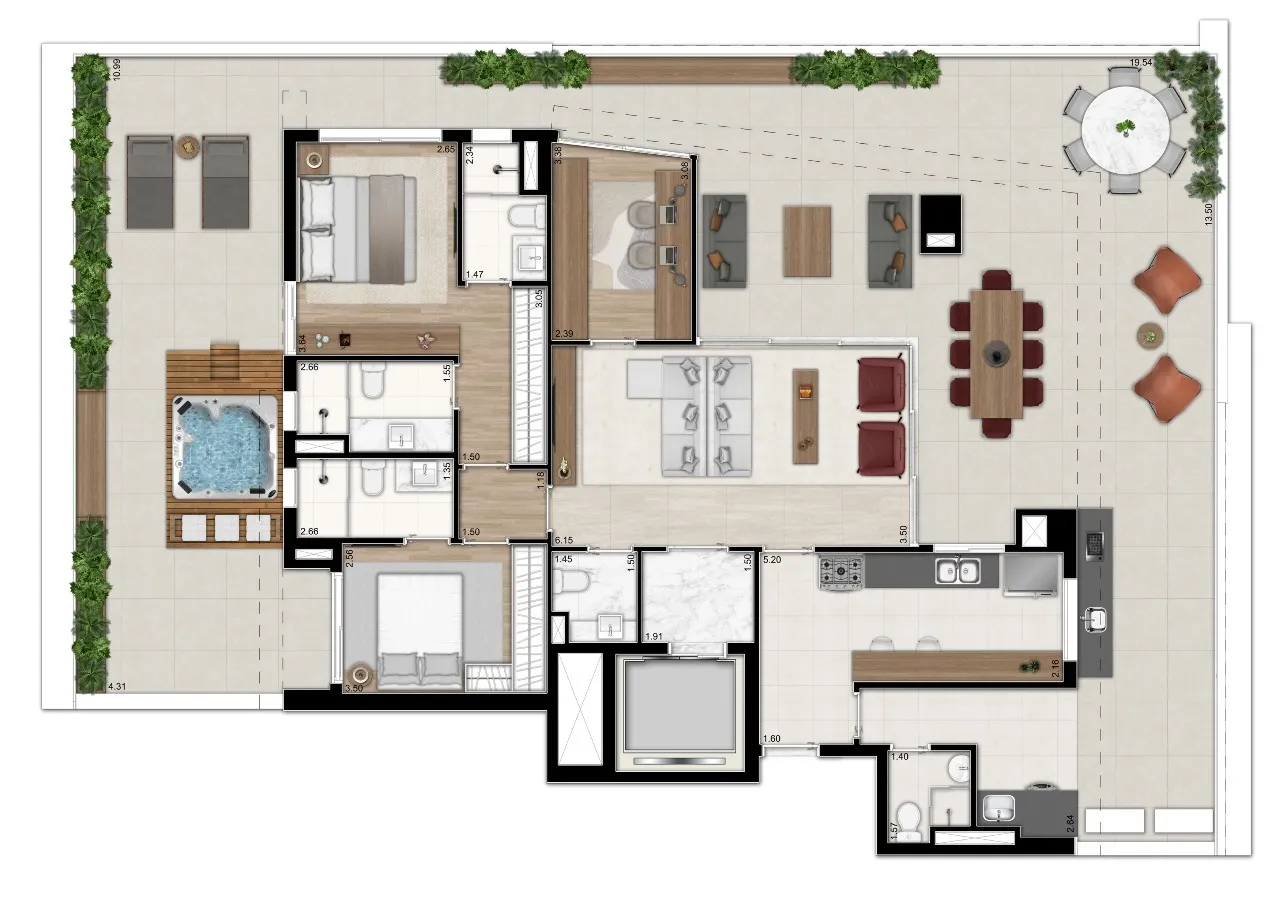 Planta 2 suítes · 246 m²