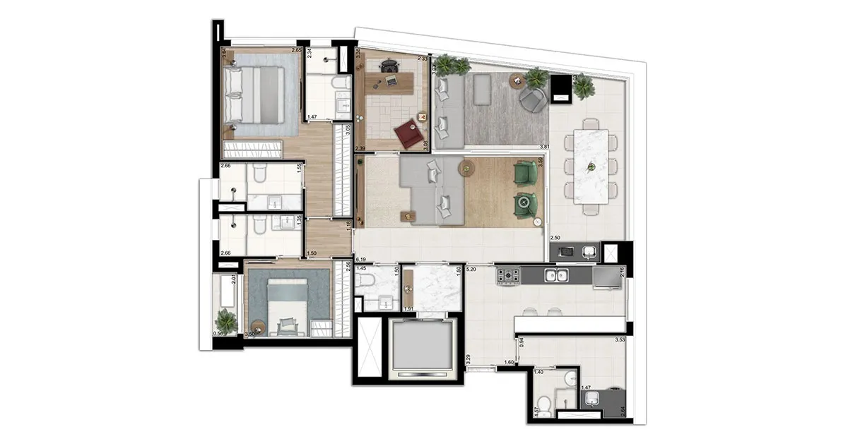 Planta 2 suítes · 142 m²