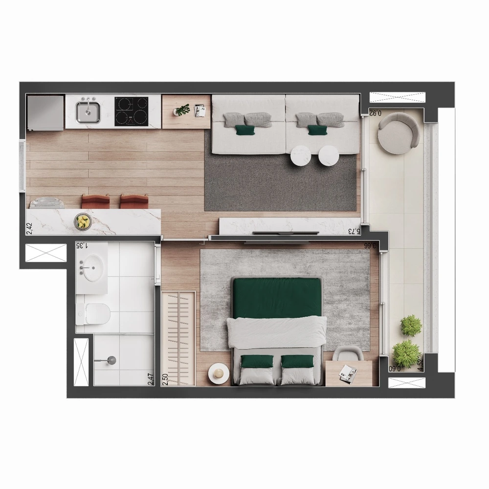 Planta 1 dormitório · 34 m²