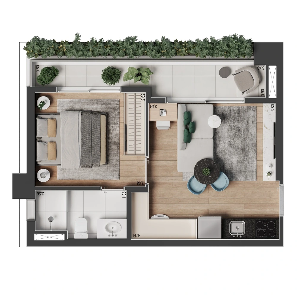 Planta 1 dormitório · 37 m²