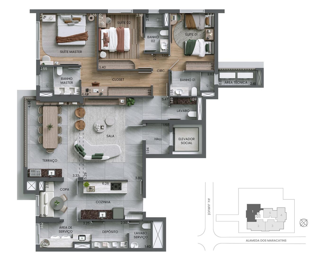 Planta 3 suítes · 153 m²