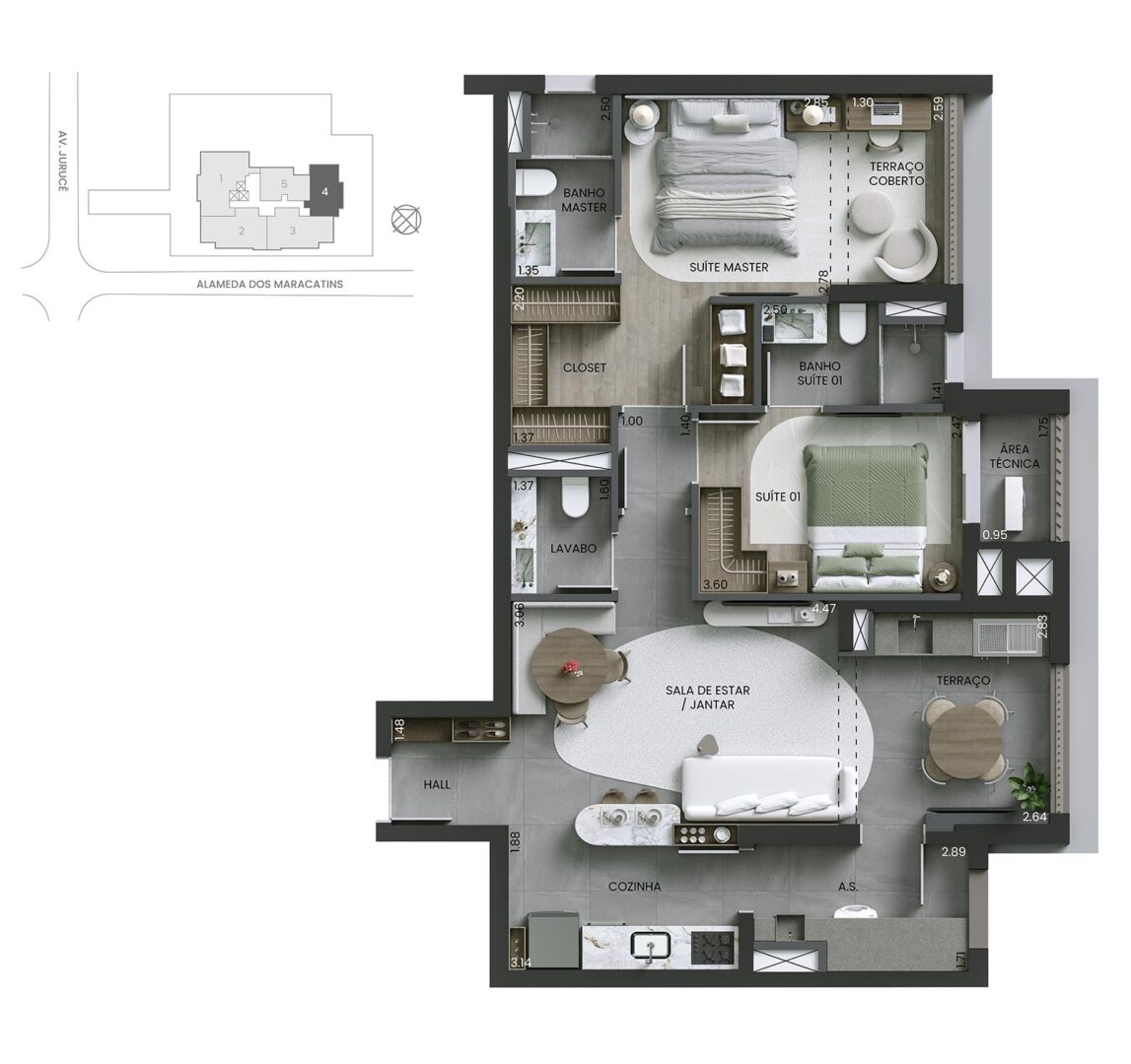 Planta 2 suítes · 89 m²