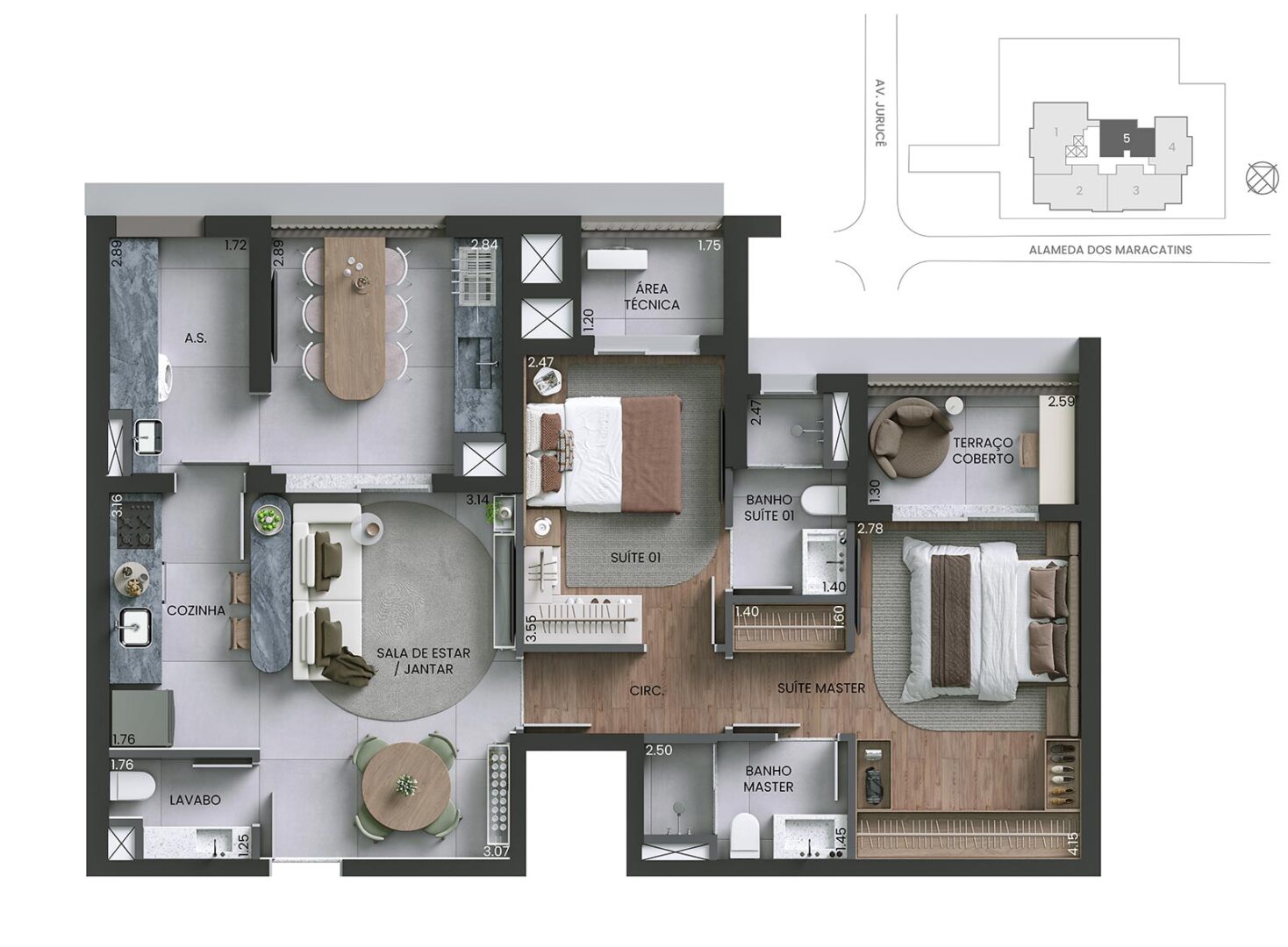 Planta 2 suítes · 87 m²
