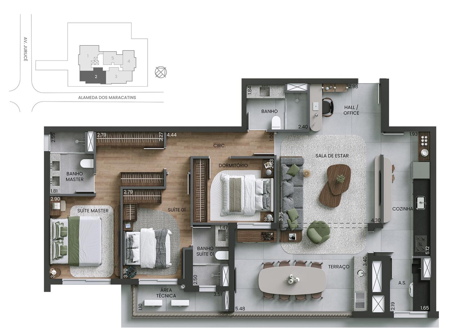 Planta 3 dorms · 2 suítes · 130 m²